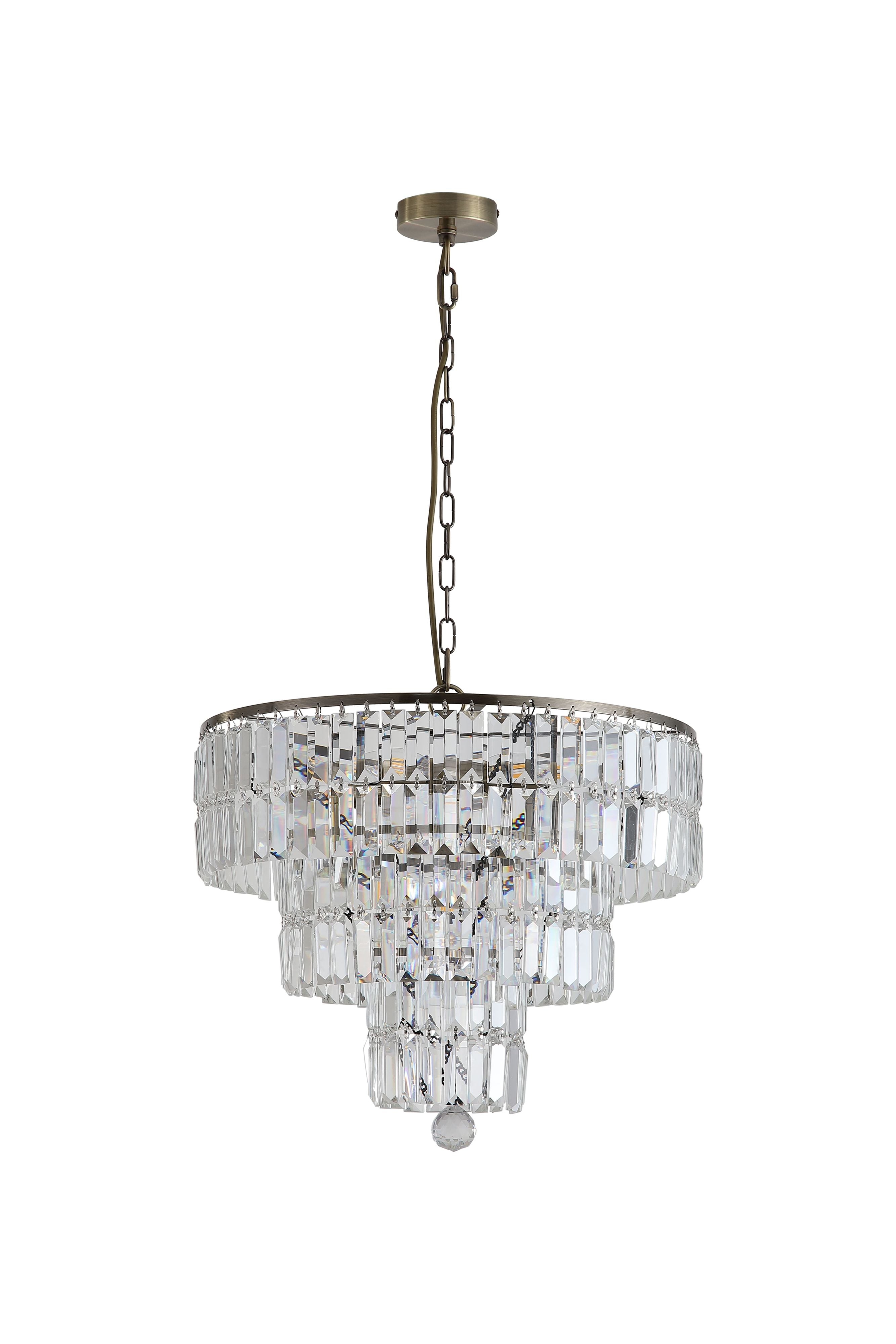 Searchlight Empire 5 Light Pendant in antique brass and clear crystal, unlit studio shot