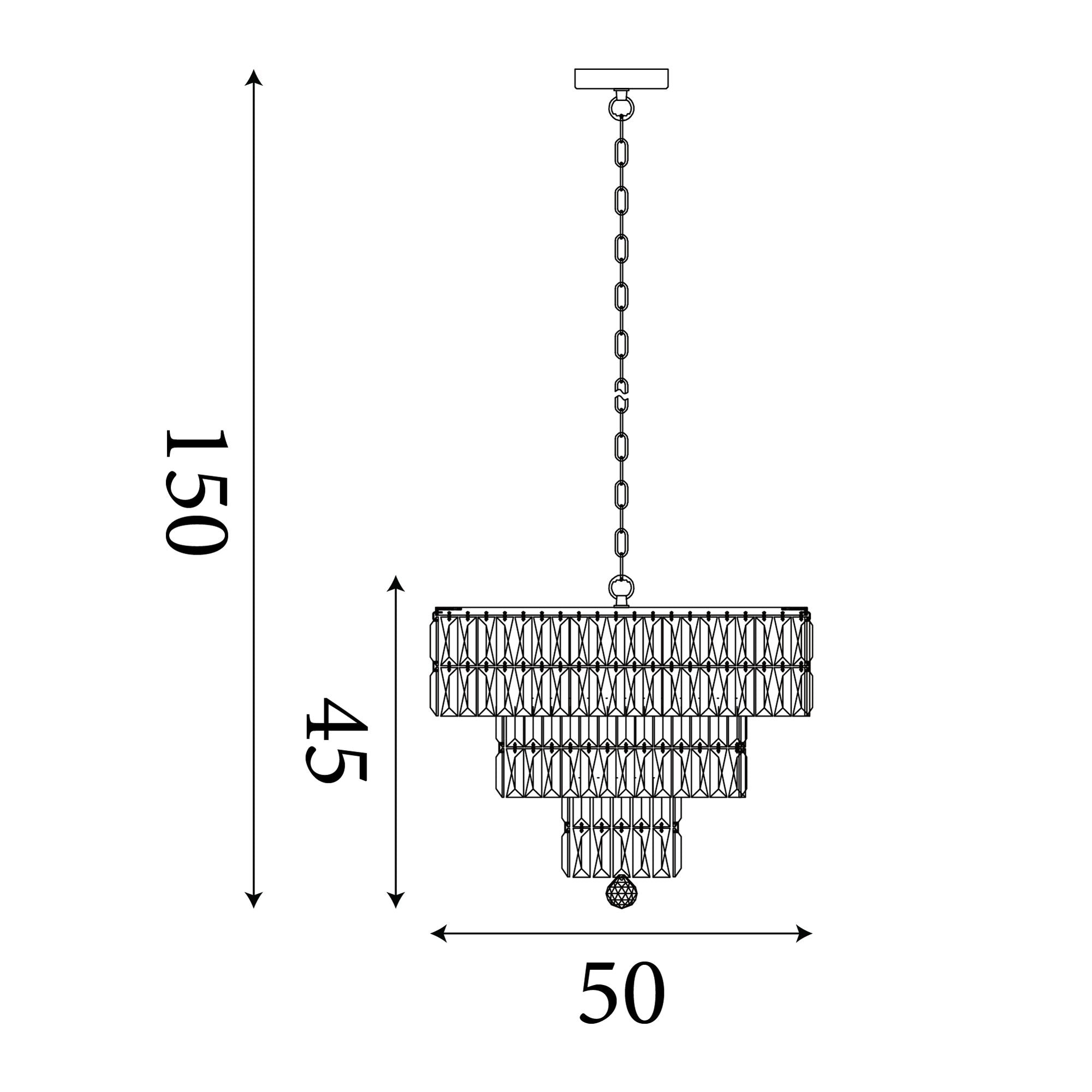 Technical line drawing of the Empire 5 Light Pendant showing a 50cm width and a maximum drop of 150cm