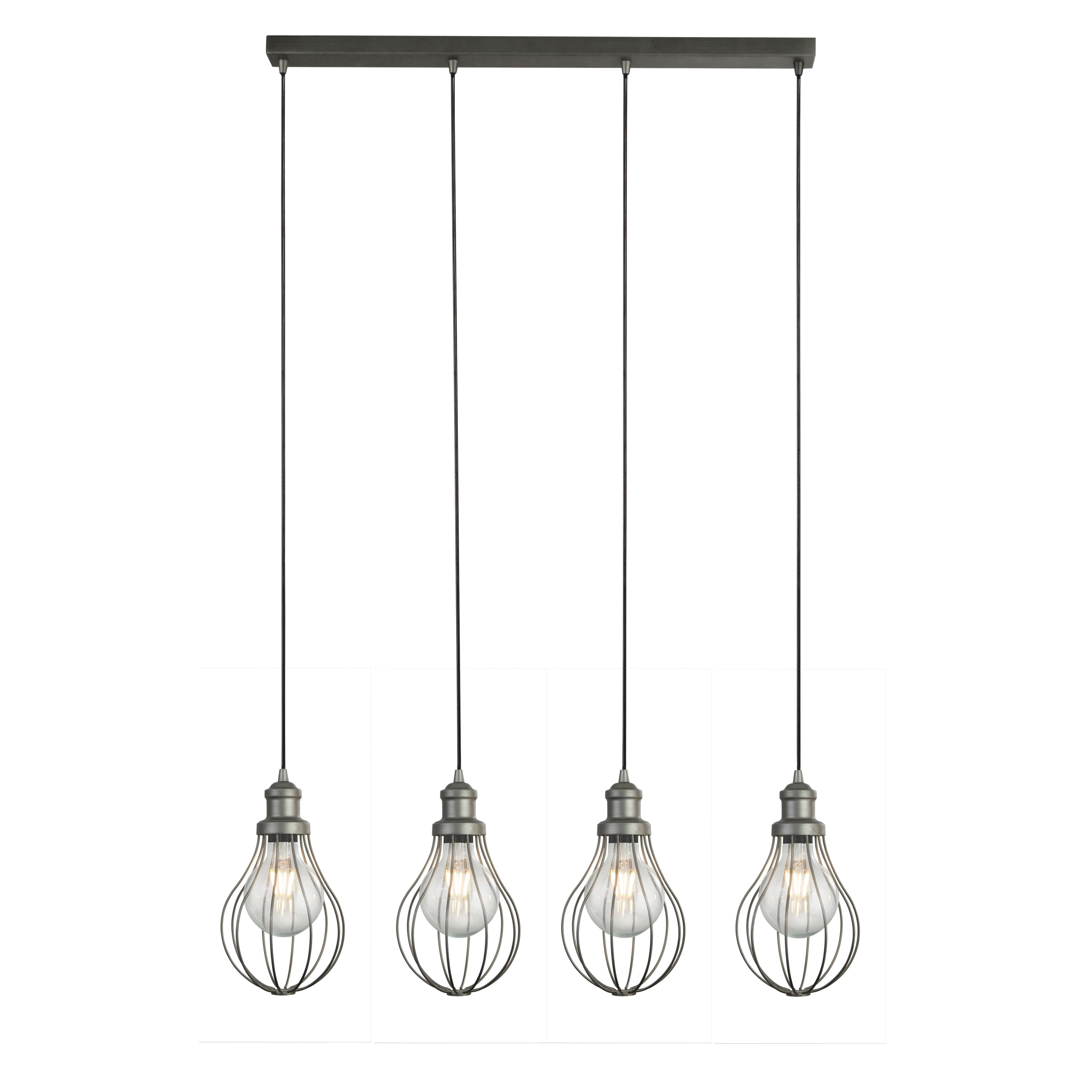 Searchlight Balloon 4 light bar pendant in pewter, full fixture on a white background with all four bulbs lit