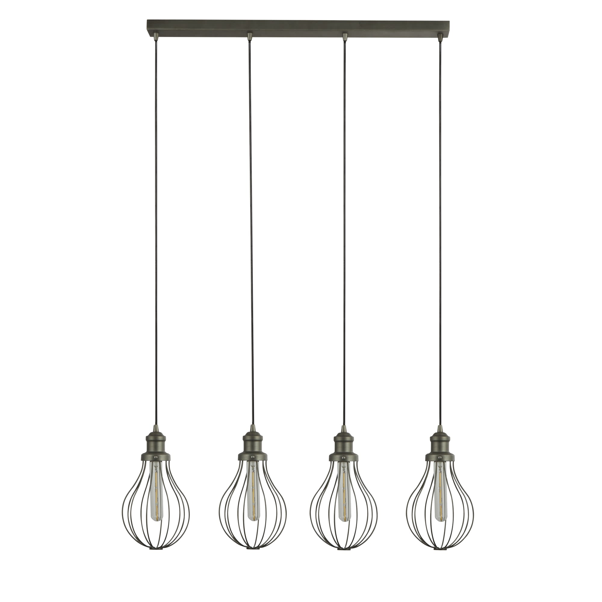 Searchlight Balloon 4 light bar pendant in pewter, alternate angle on a white background with all four bulbs lit