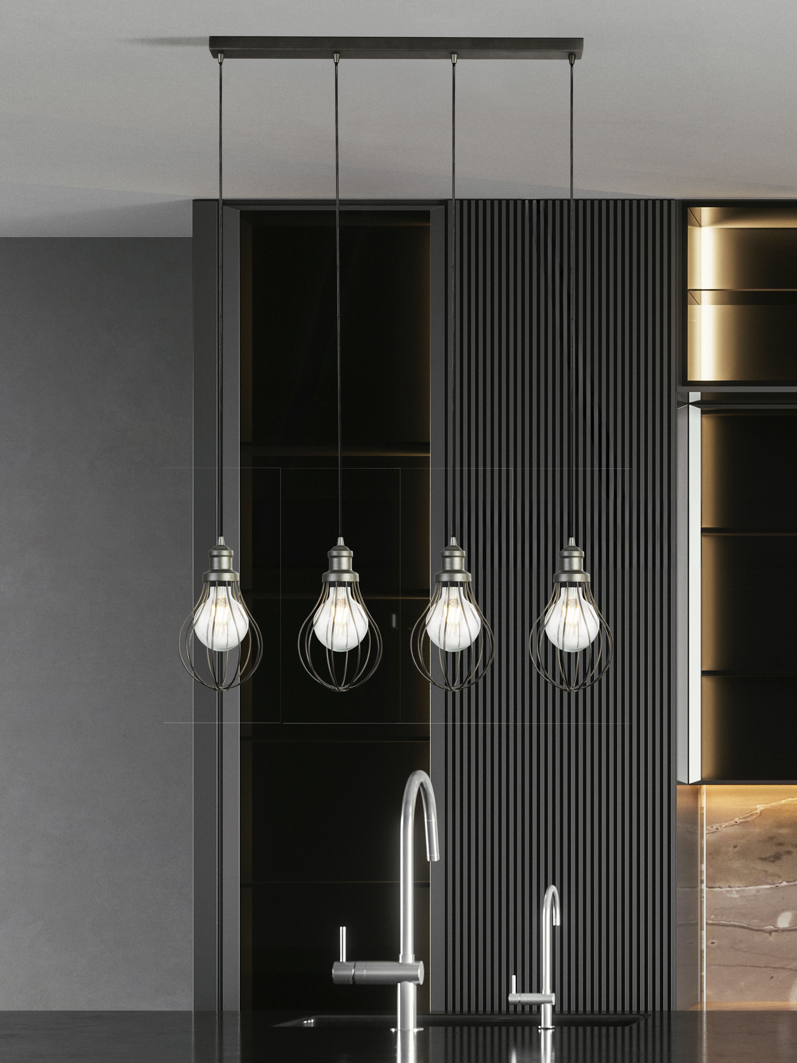 Balloon 4 light bar pendant in pewter hung above a kitchen island with dark slatted cabinetry and twin taps