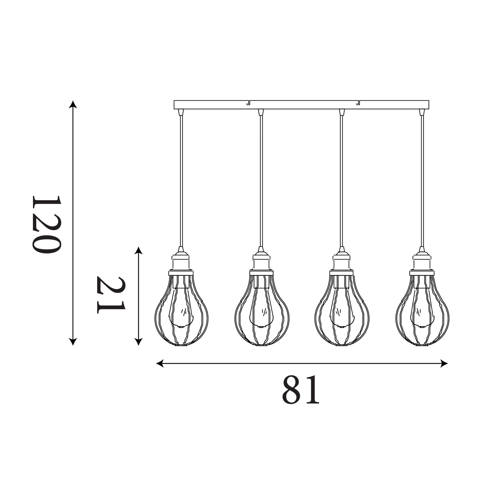 Technical dimension drawing of the Balloon 4 light bar pendant showing 120cm drop, 81cm bar length and 21cm cage height