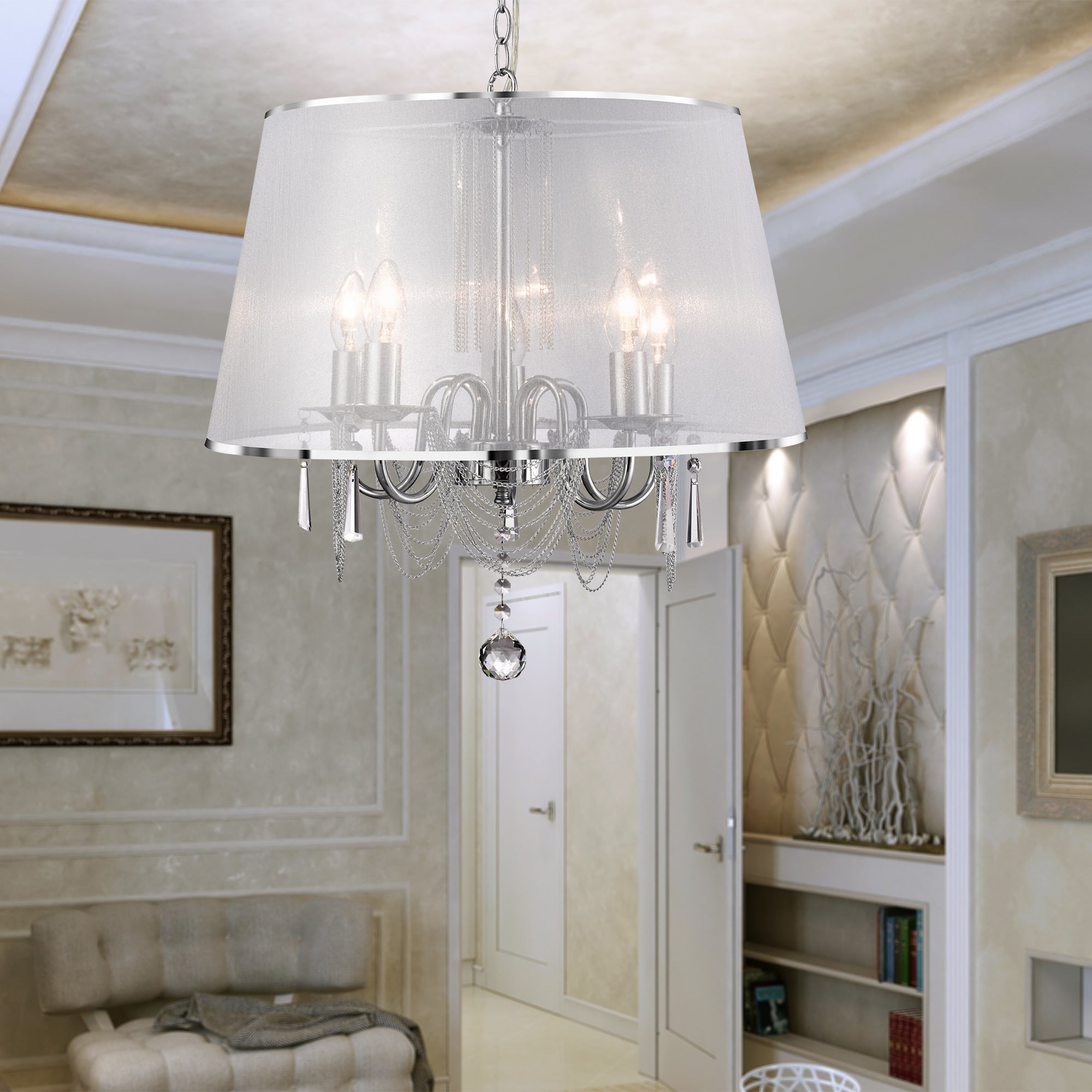 Searchlight Veralum - 5 Light Ceiling, Chrome, Chain Link, Clear Crystal Glass, White Voile Shade