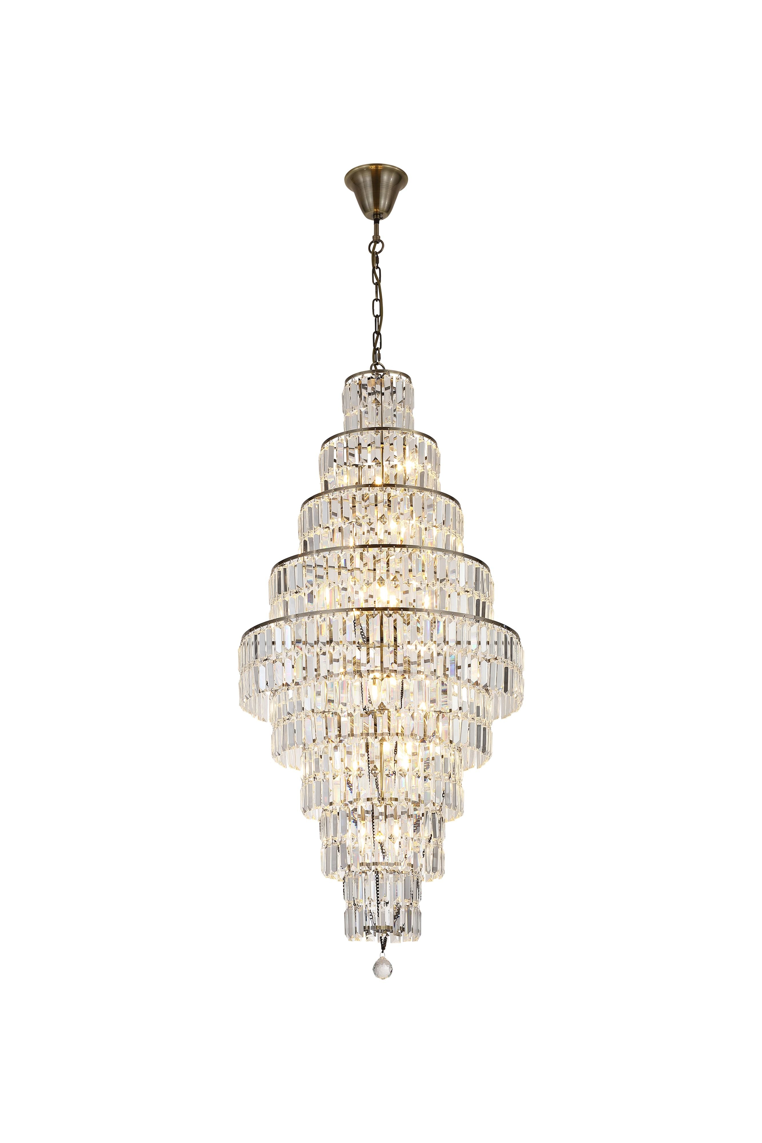Searchlight Empire 13 light chandelier in antique brass and clear glass, full length view showing the tiered crystal tower narrowing to a point with a faceted ball drop