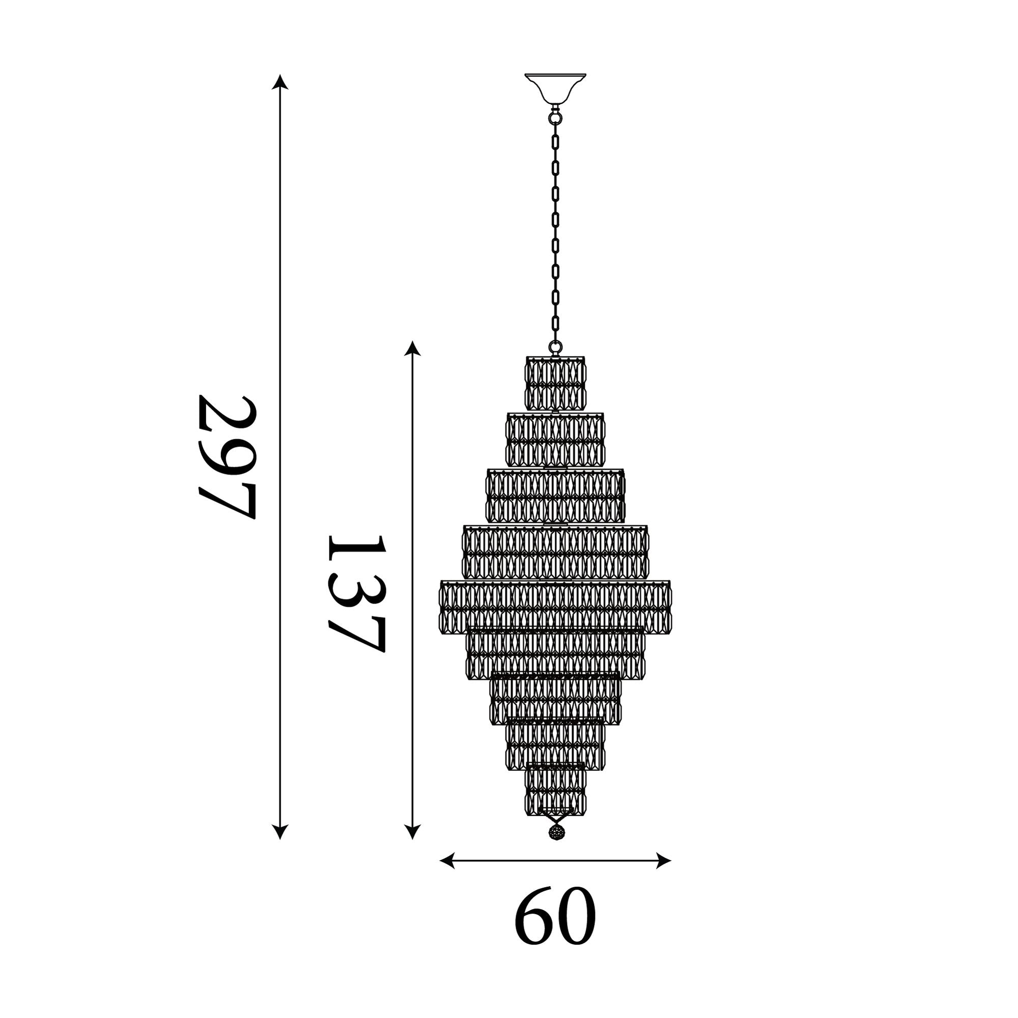 Technical line drawing of the Searchlight Empire 13 light chandelier showing dimensions, 137cm fixture height, 297cm maximum drop with chain, 60cm width