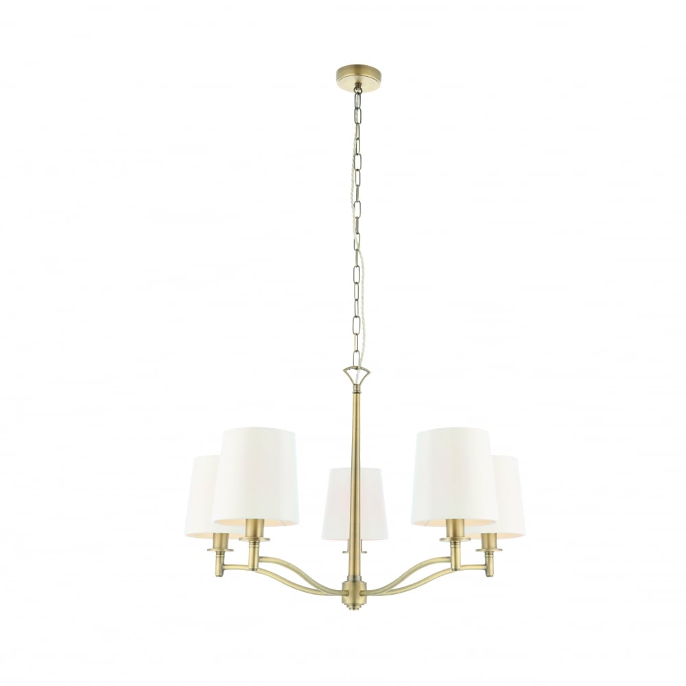 Endon Ortona 5 Light Pendant - Matt Antique Brass Plate & Vintage White Fabric