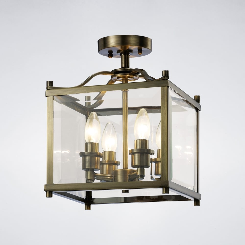Diyas IL31111 Aston Semi Ceiling 4 Light Antique Brass/Glass