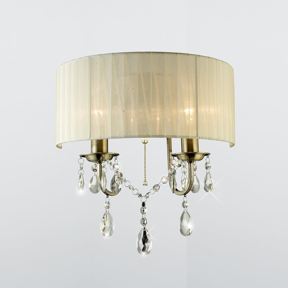 Diyas IL30064 Olivia Wall Light Switched With Ivory Cream Shade 2 Light Antique Brass/Crystal