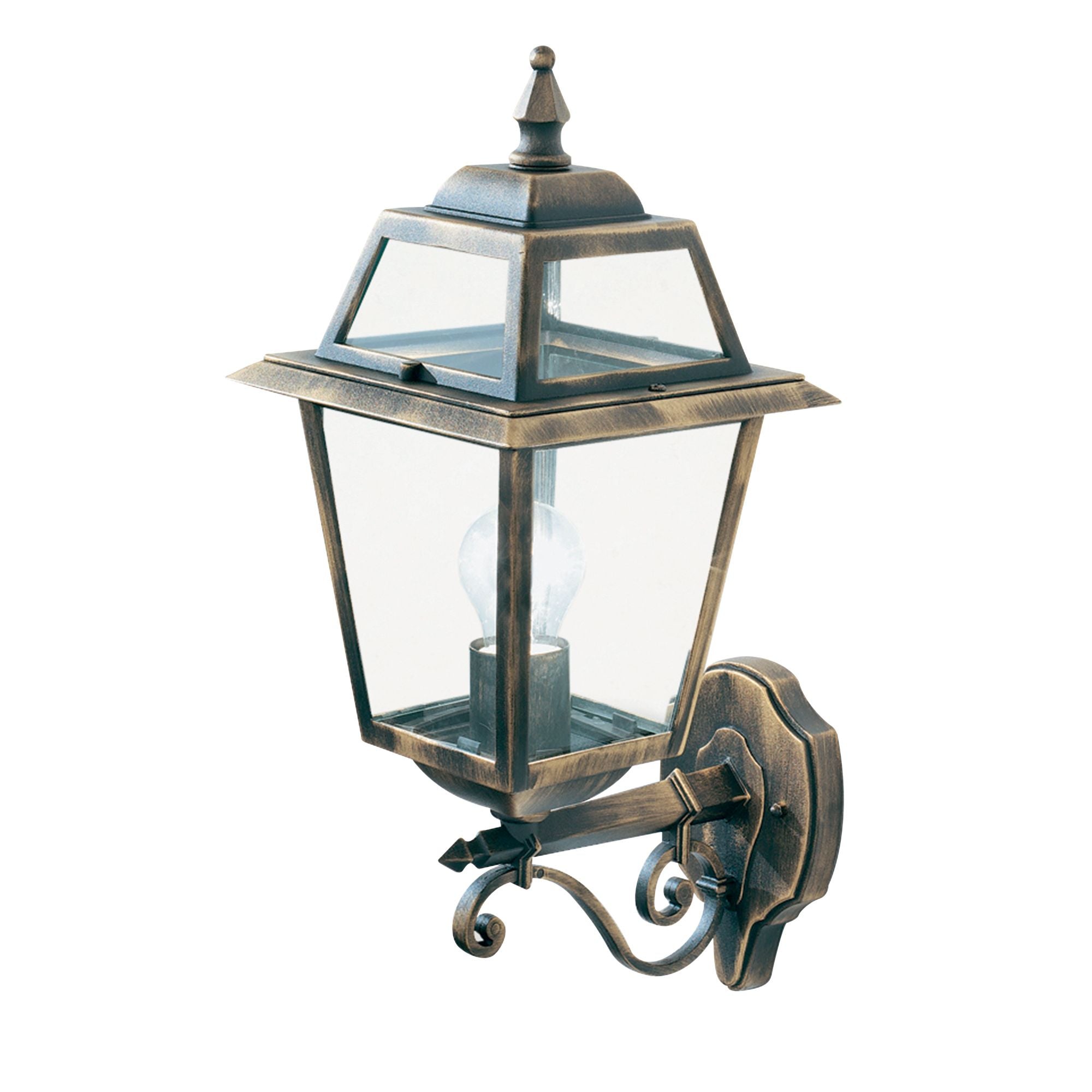 Searchlight New Orleans outdoor wall uplighter in black and gold with clear glass, alternate angled studio shot with bulb lit