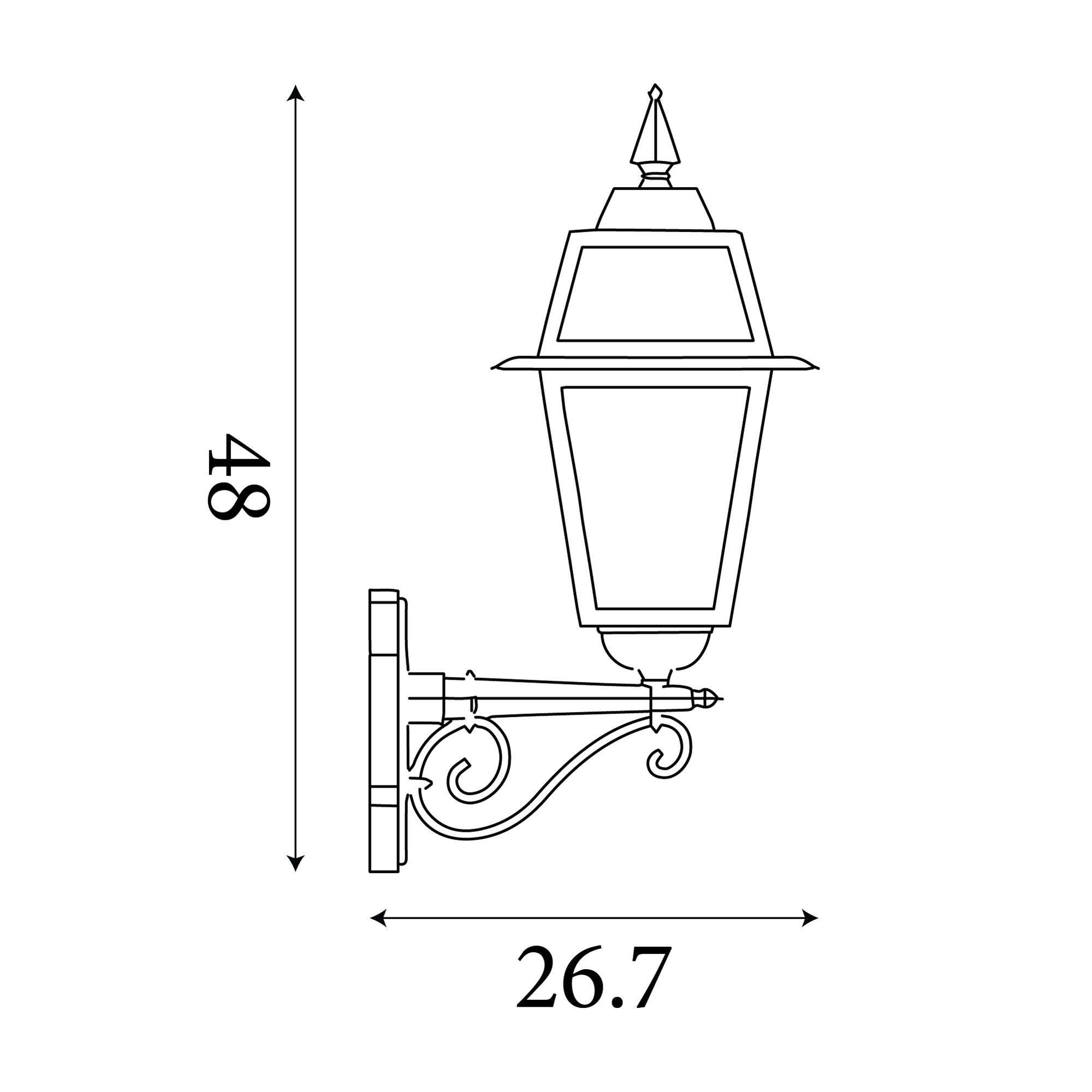 Line drawing showing the New Orleans wall uplighter dimensions, 48cm high by 26.7cm wide