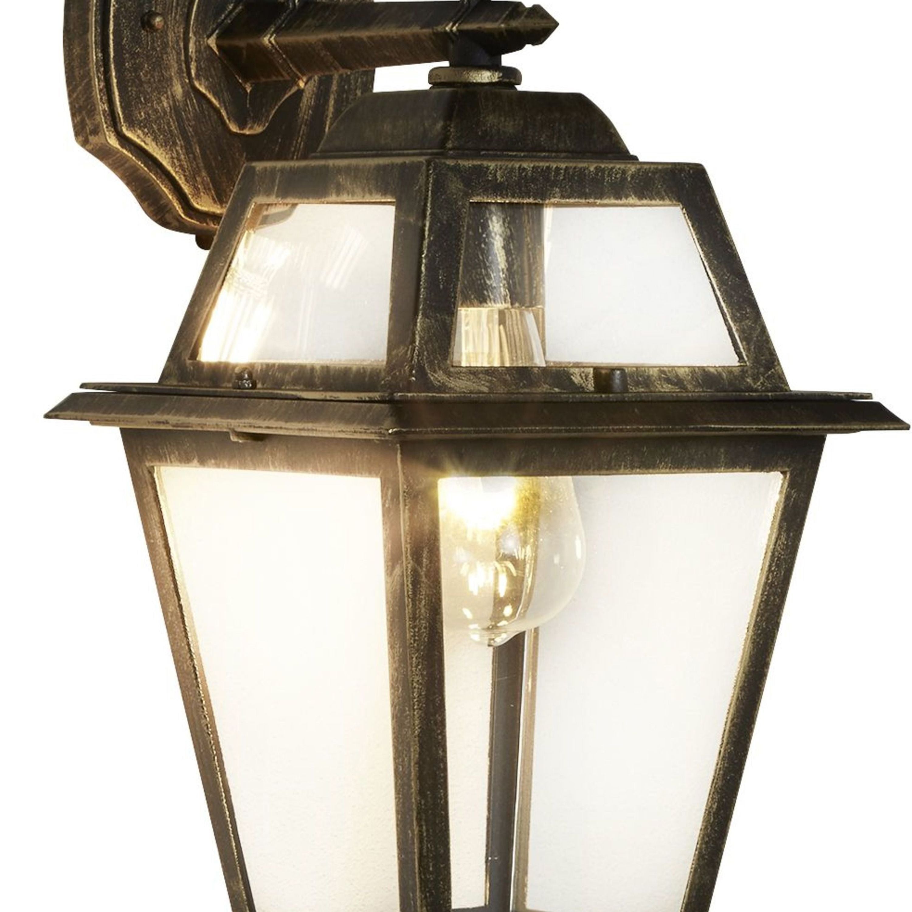 Close up of the New Orleans outdoor downlight scrolled wall bracket and lantern top detail