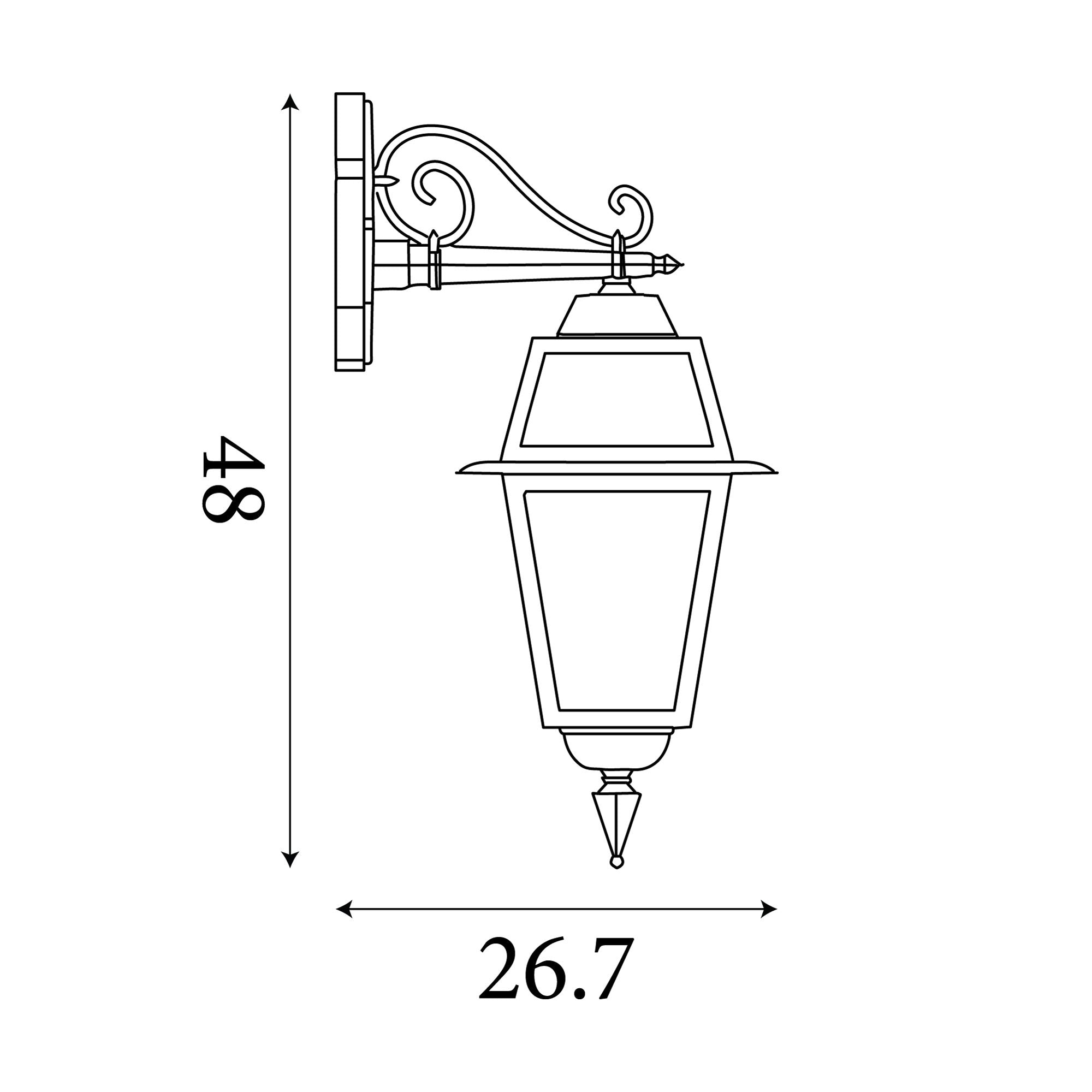 Line drawing showing the New Orleans outdoor downlight dimensions, 48cm high by 26.7cm wide