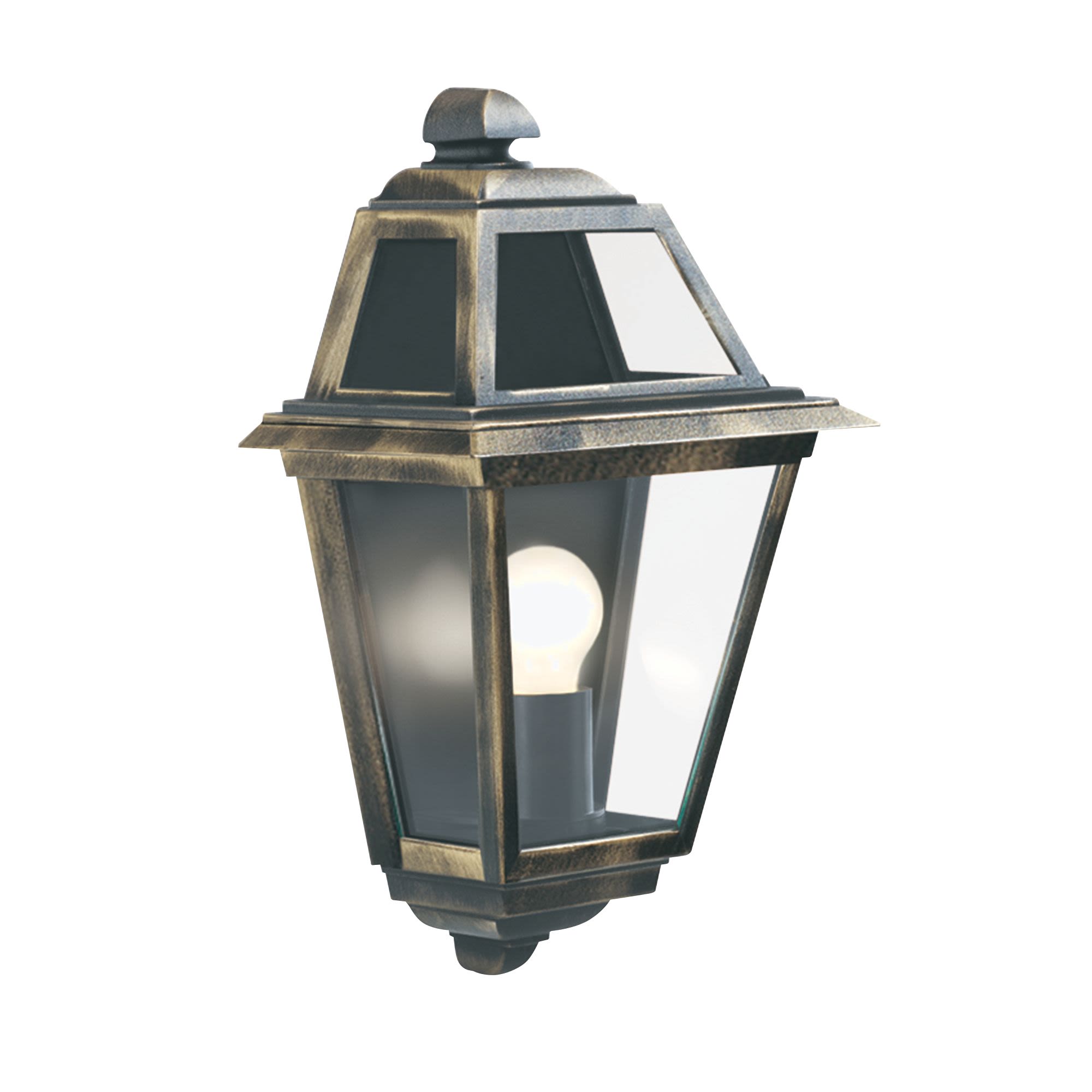 Searchlight New Orleans flush outdoor wall light in black and gold with clear glass, studio shot with bulb lit