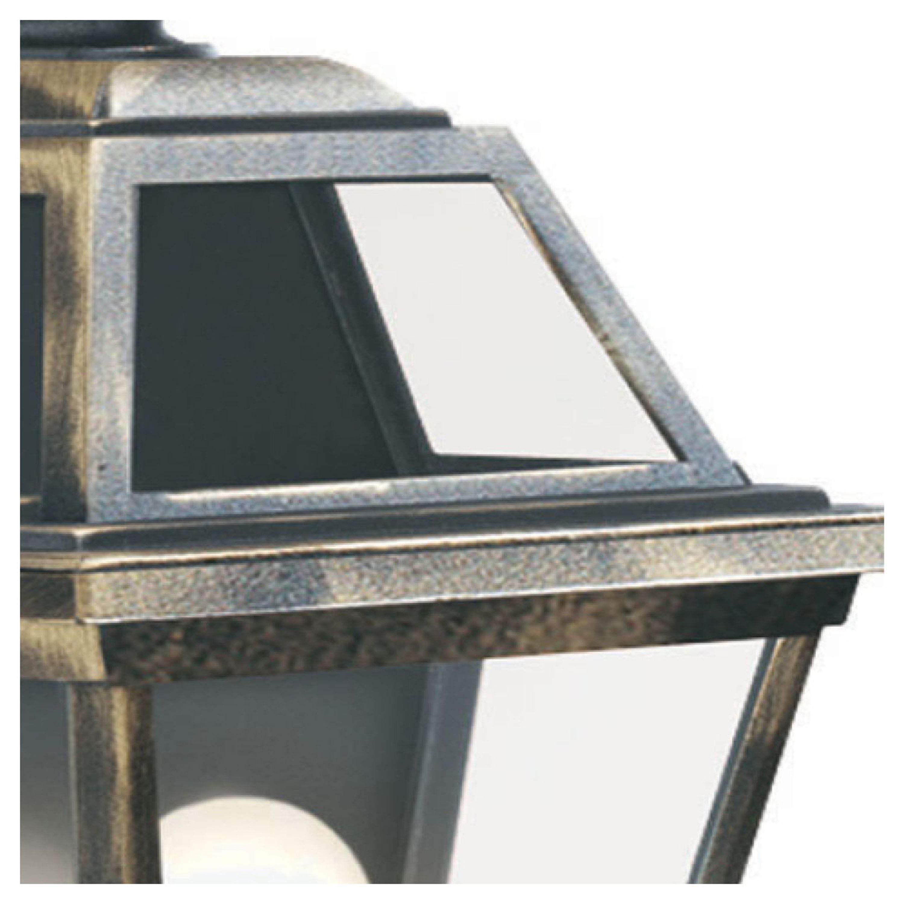 Close up of the New Orleans flush wall light black and gold frame and glass panel joints