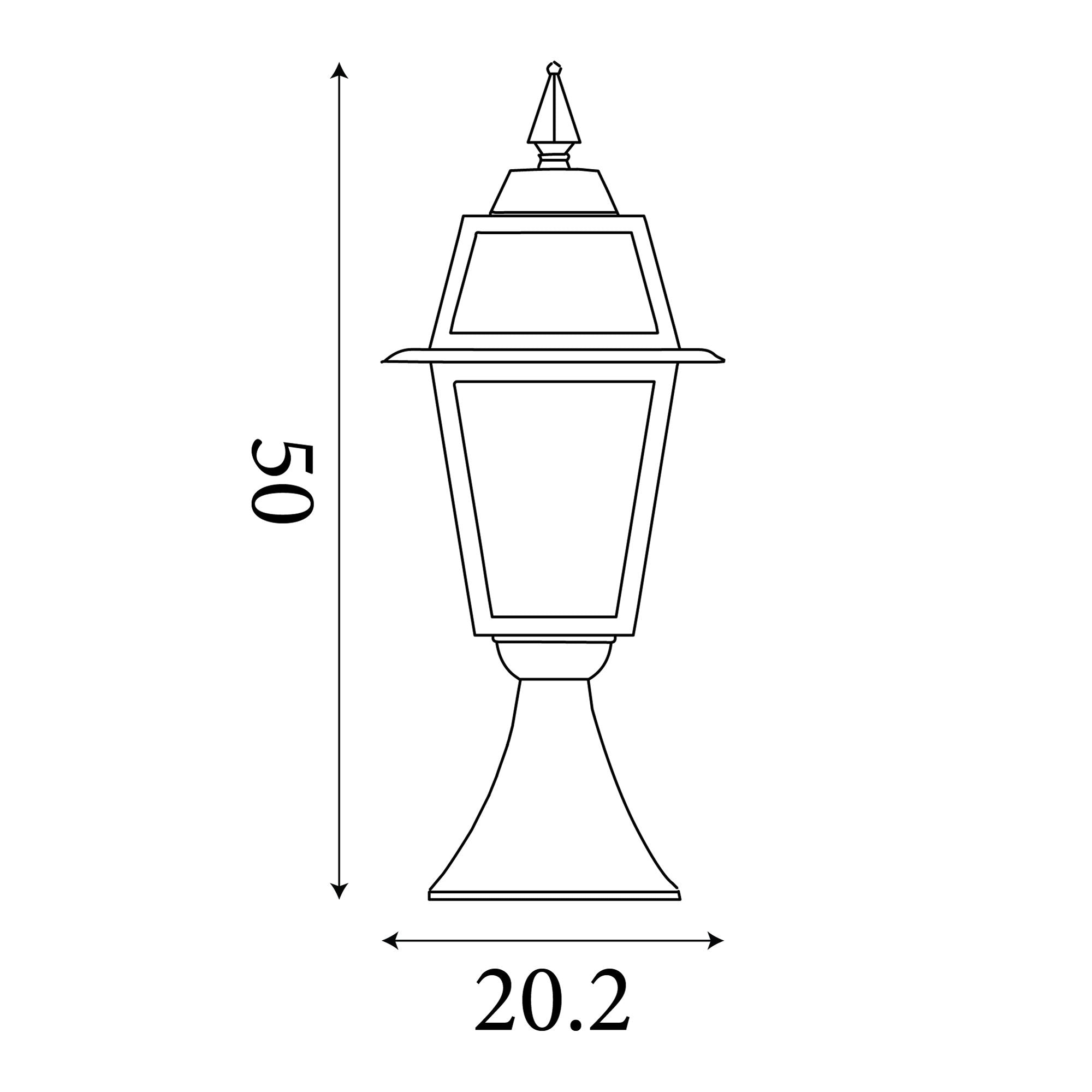 Line drawing showing the New Orleans outdoor post light dimensions, 50cm high by 20.2cm wide
