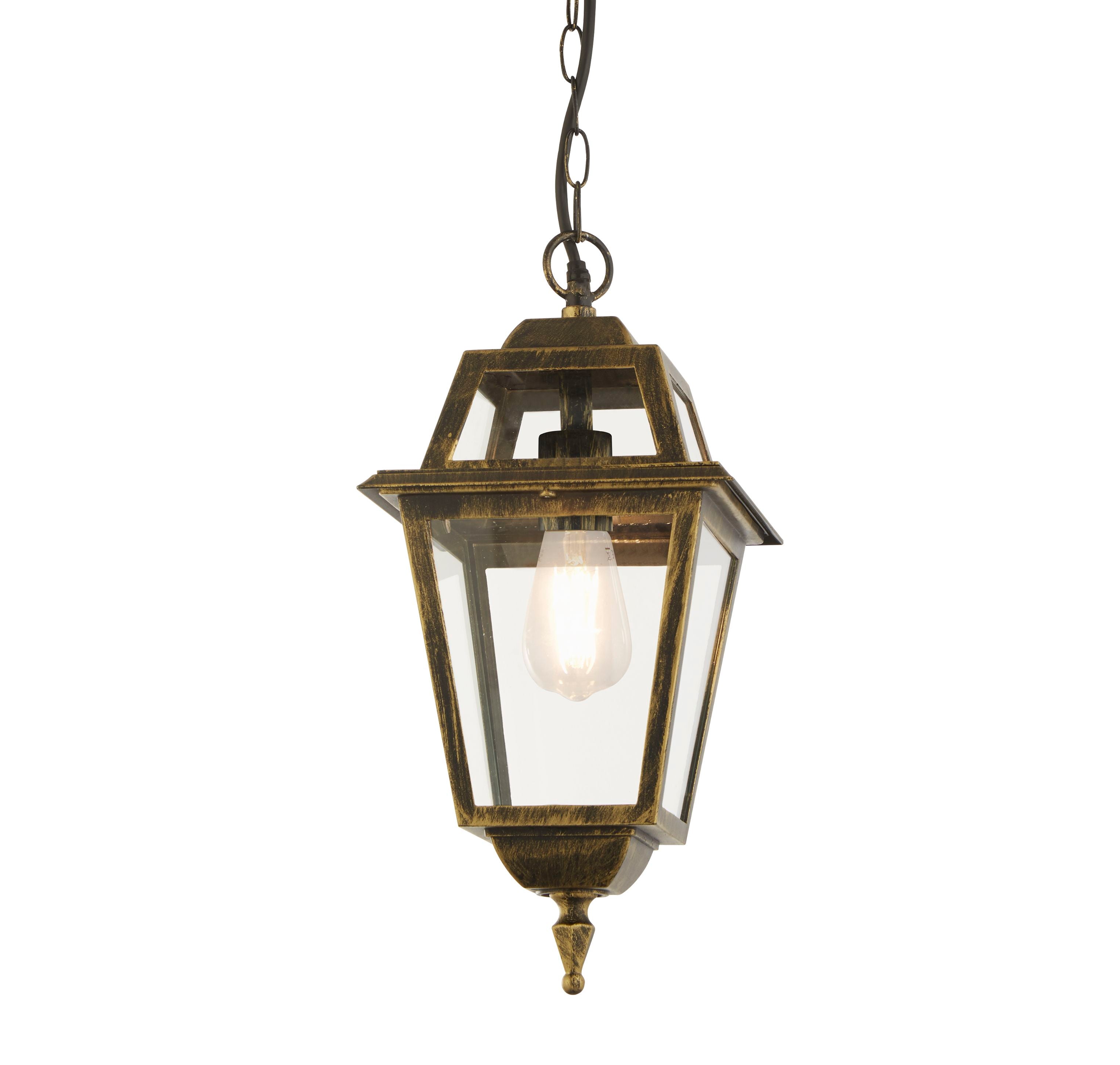 Searchlight New Orleans Pendant Lantern in black and gold finish, hanging from a chain against a plain white background, with a warm bulb glowing inside the bevelled glass panels