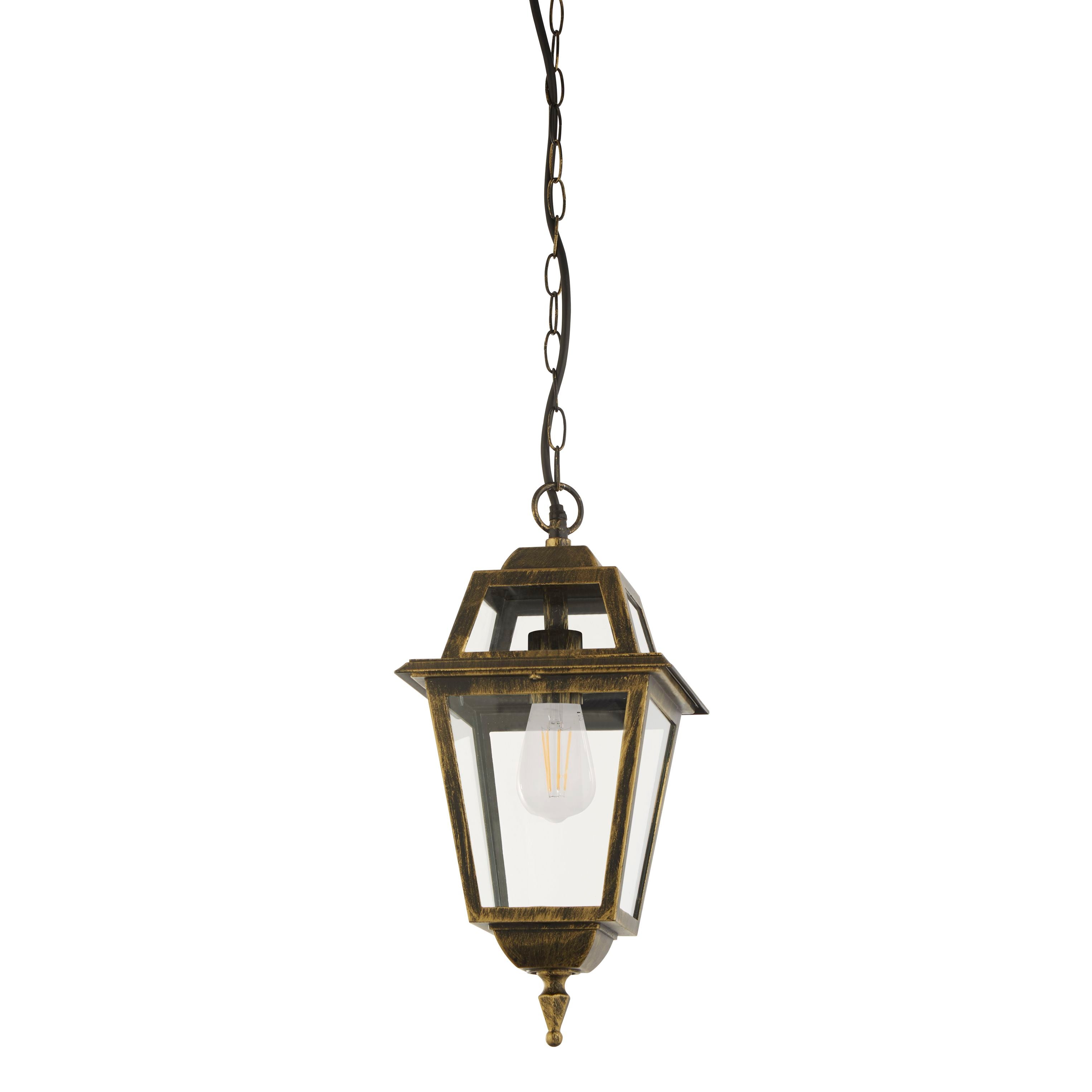 Searchlight New Orleans Pendant Lantern shown on a longer chain, black and gold satin finish with clear bevelled glass panels and a lit filament bulb visible inside
