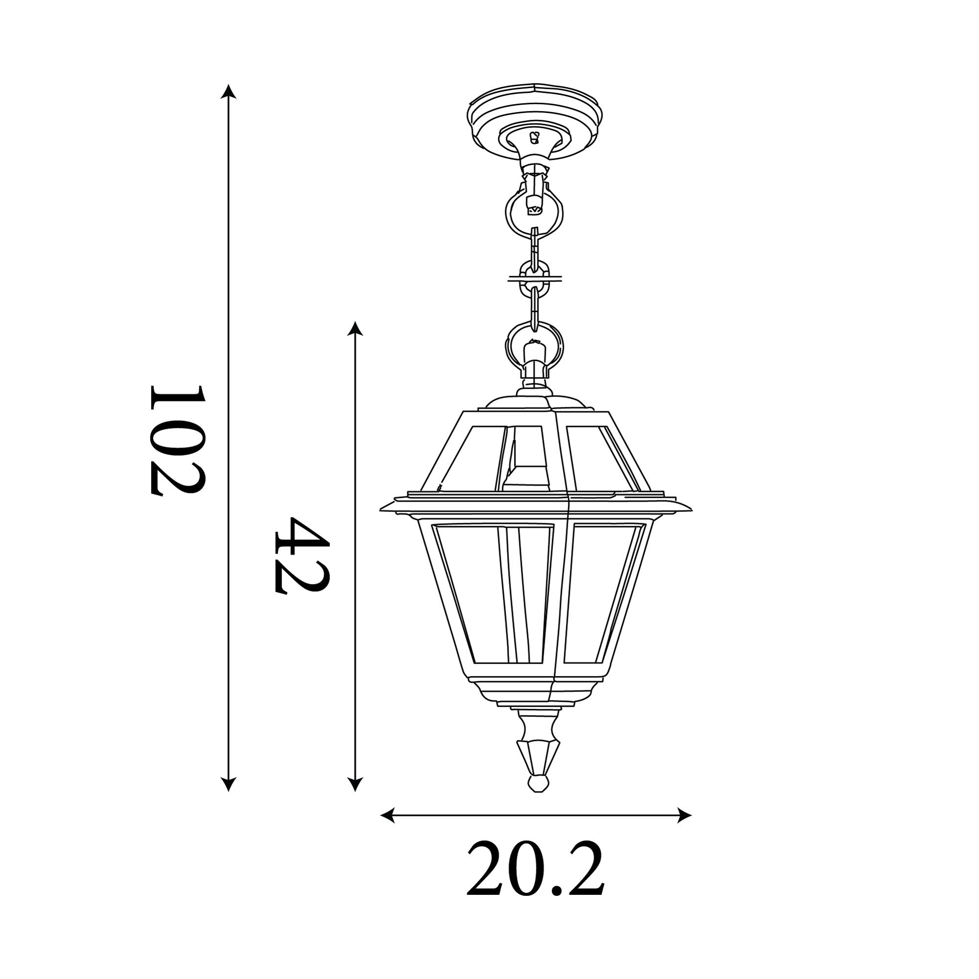 Line drawing of the New Orleans Pendant Lantern showing dimensions: 102cm total height with chain, 42cm lantern body, 20.2cm width