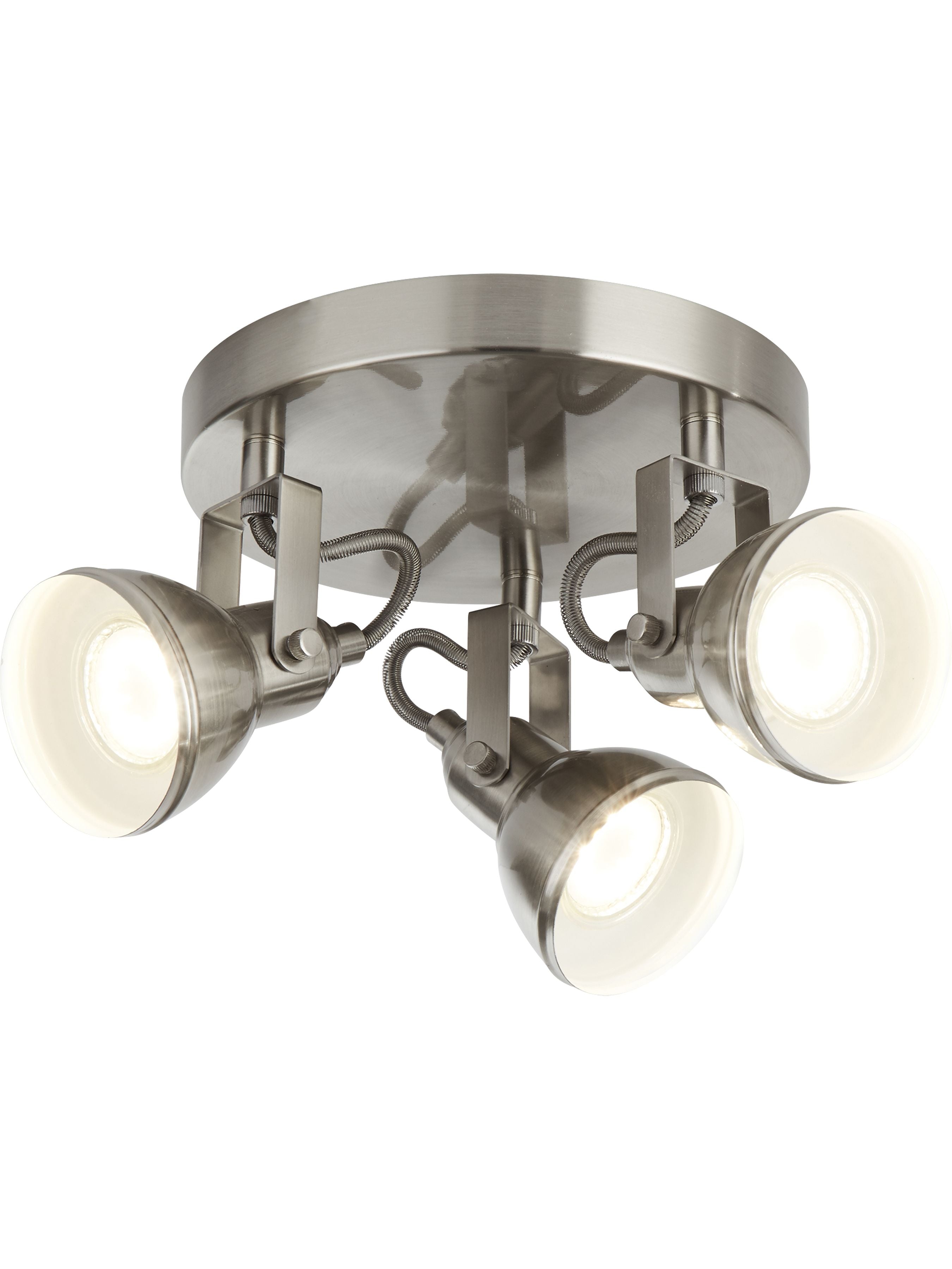 Searchlight Focus 3 light round spotlight in satin silver, angled studio shot with all three GU10 heads lit