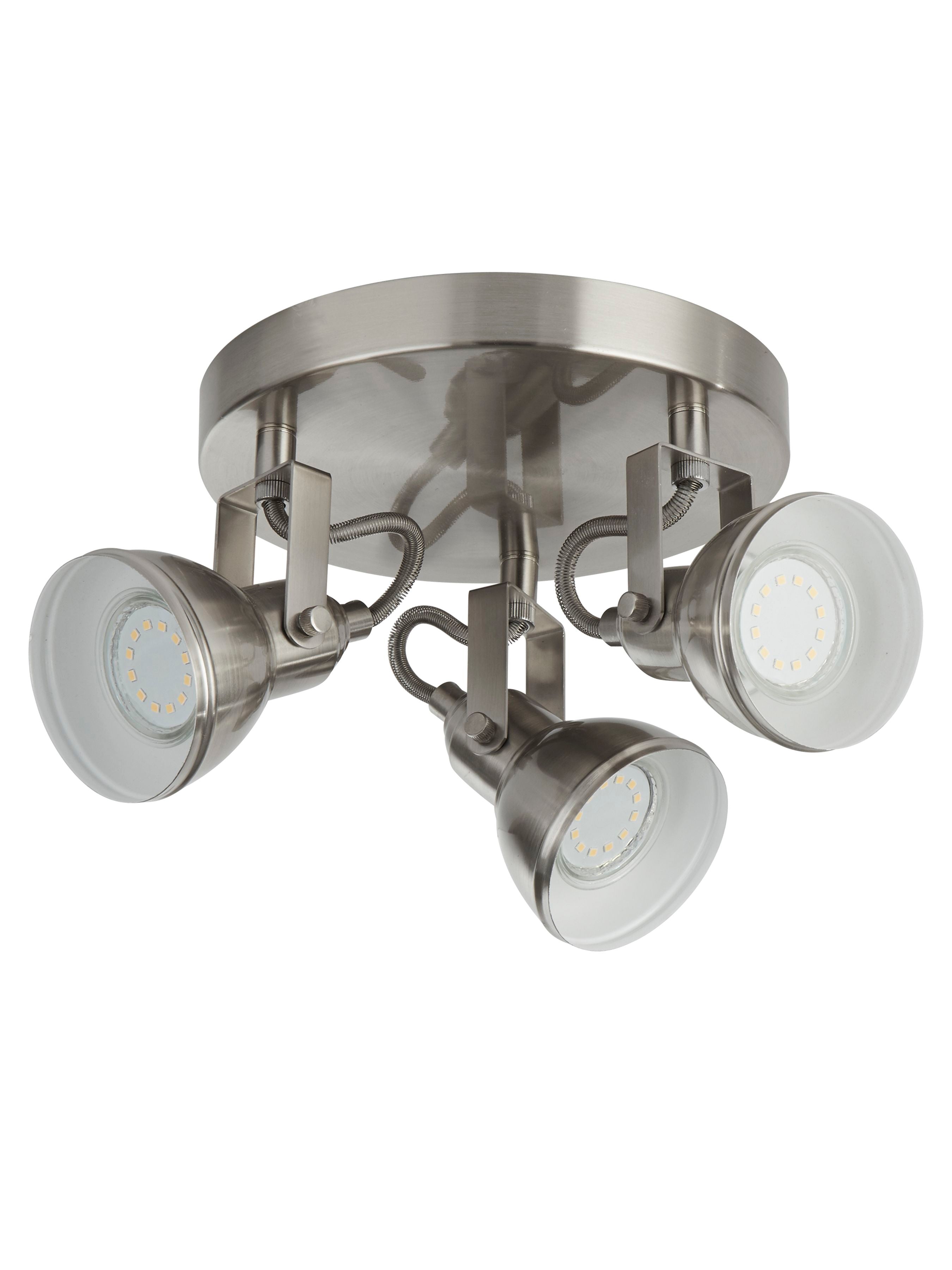 Searchlight Focus 3 light round spotlight in satin silver, straight on studio view with the three adjustable heads lit