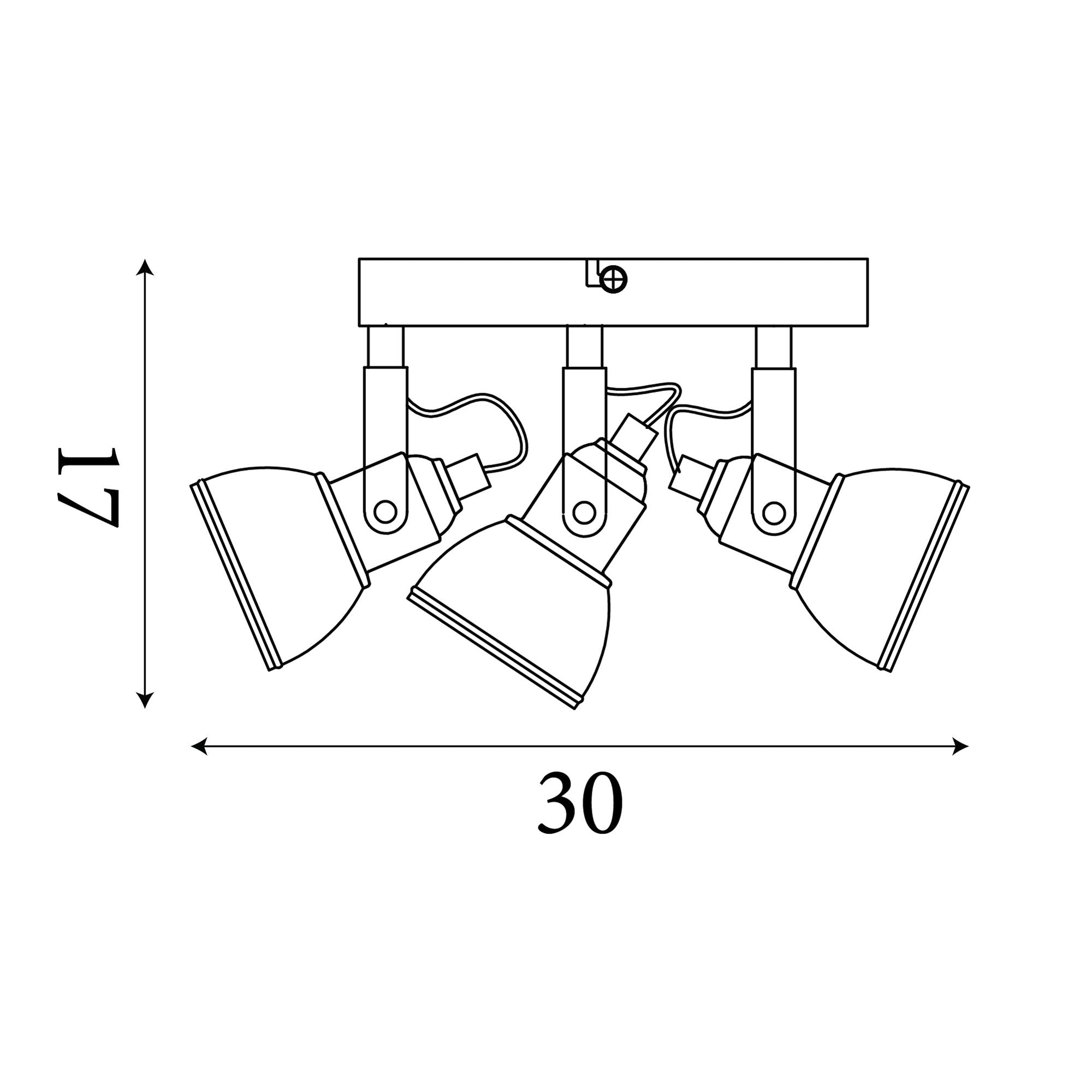 Technical line drawing of the Focus 3 light spotlight showing 17cm height and 30cm width