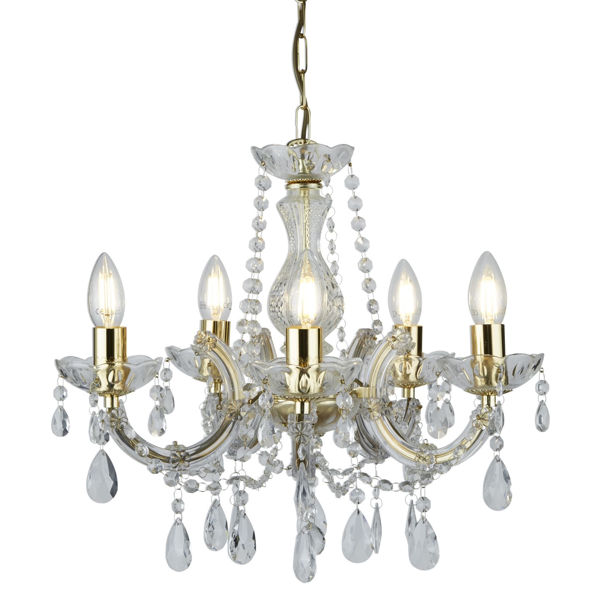 Searchlight Maple 5 Light Chandelier - Polished Brass & Clear Crystal Glass