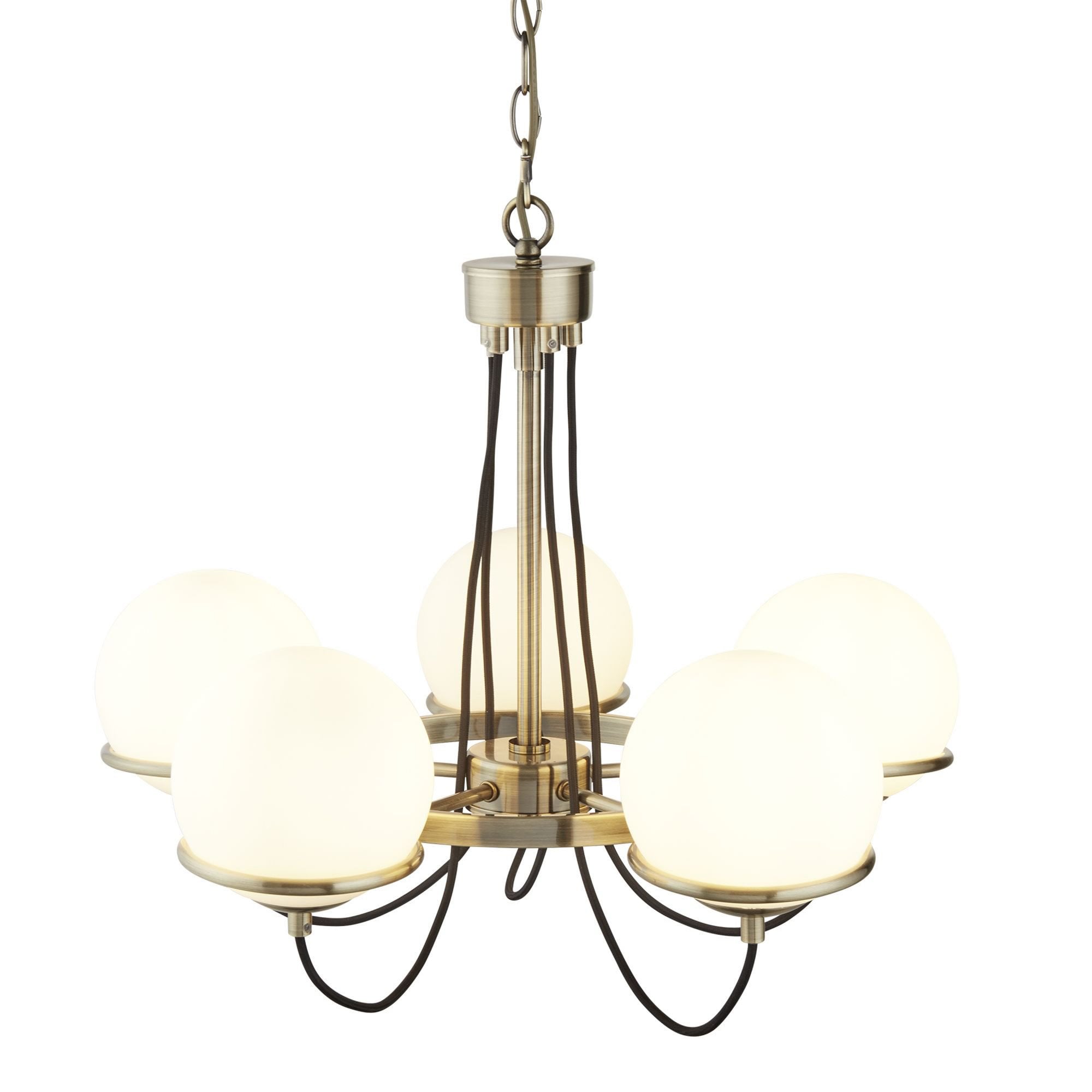 Searchlight Angela Antique Brass, 5 Light Pendant, Black Braided Cable, Opal Glass, Adjustable