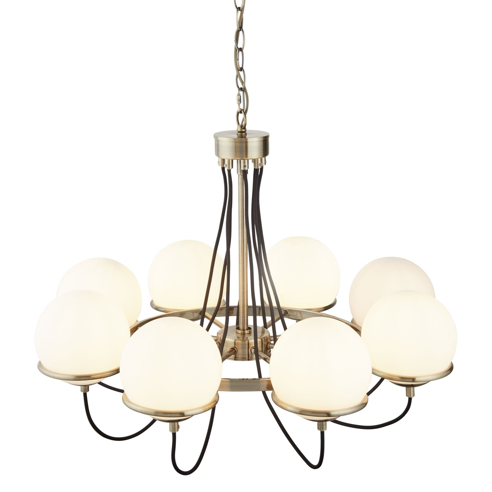 Searchlight Angela Antique Brass, 8 Light Pendant, Black Braided Cable, Opal Glass, Adjustable