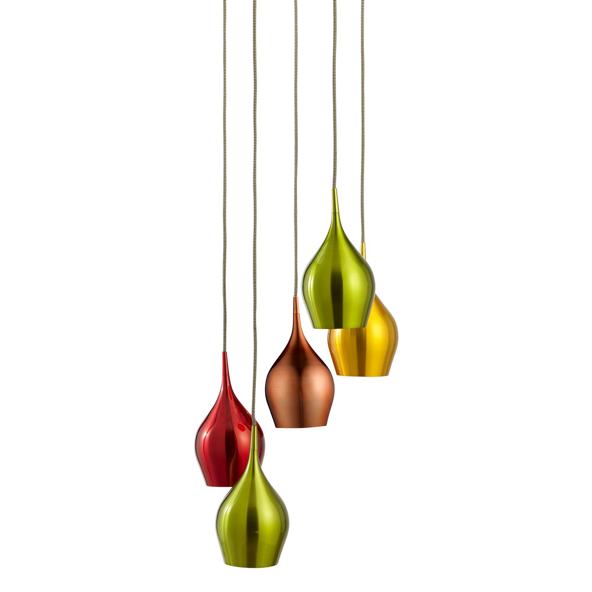 Searchlight Vulcan 5 Light Multi - Drop Coloured (Red, Green, Gold, Copper) Shades
