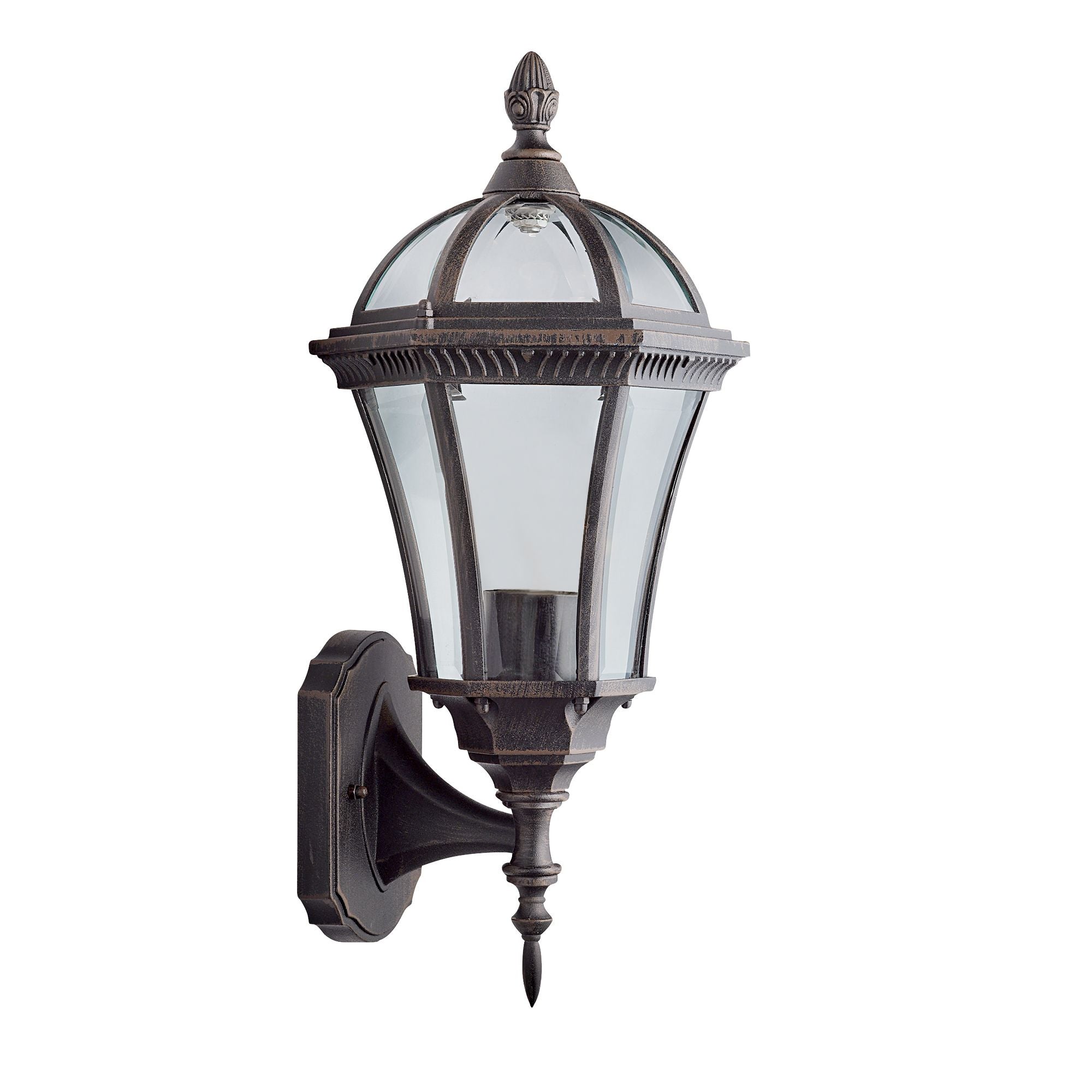 Searchlight Capri Outdoor Uplight shown front on, rustic brown finish with clear bevelled glass panels and the bulb holder visible inside
