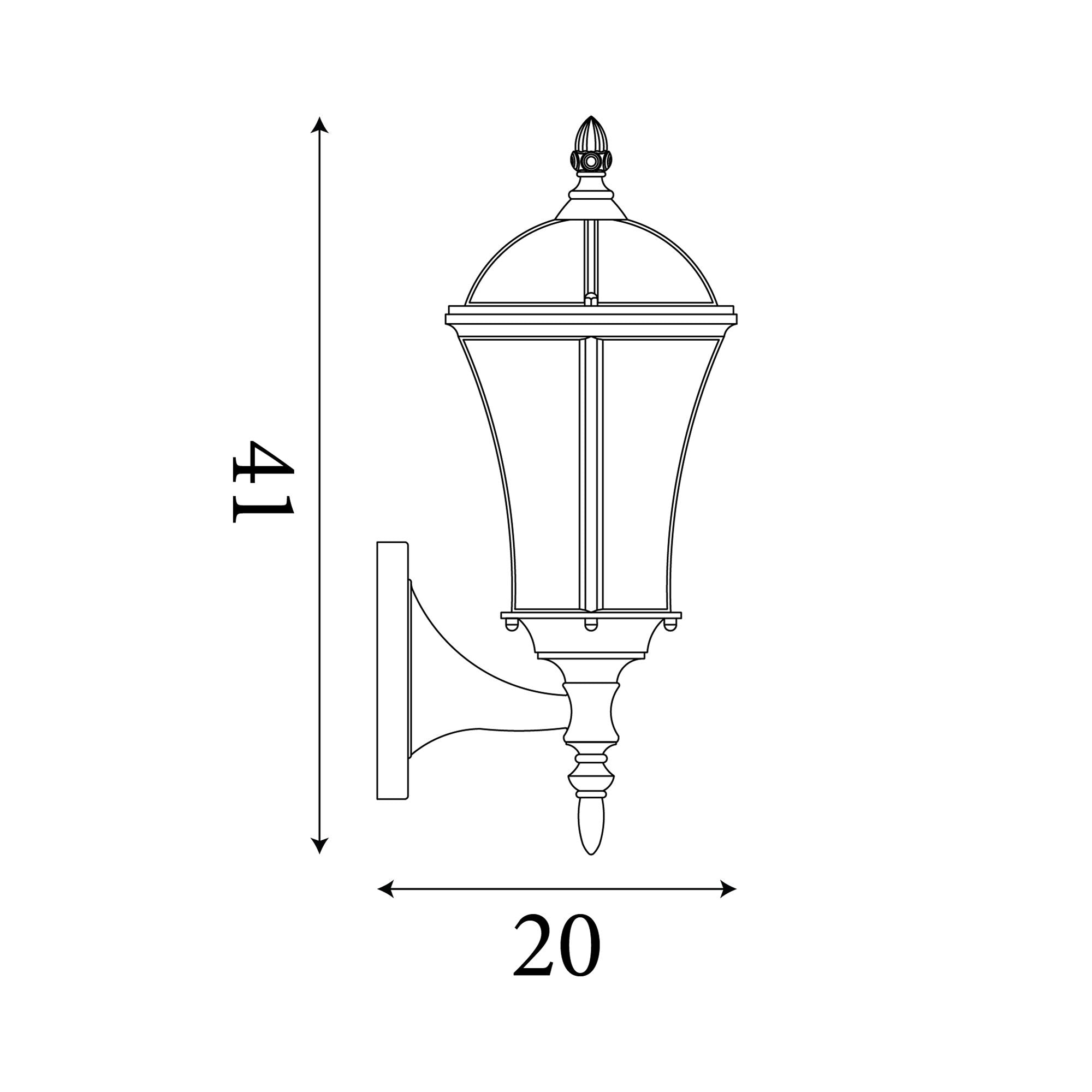 Line drawing of the Capri Outdoor Uplight showing dimensions: 41cm height, 20cm width