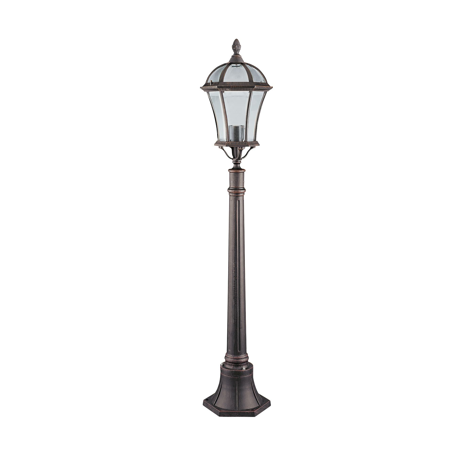 Searchlight Capri Outdoor Post - view 2, full height studio shot on a plain white background, rustic brown finish with a lit lantern head