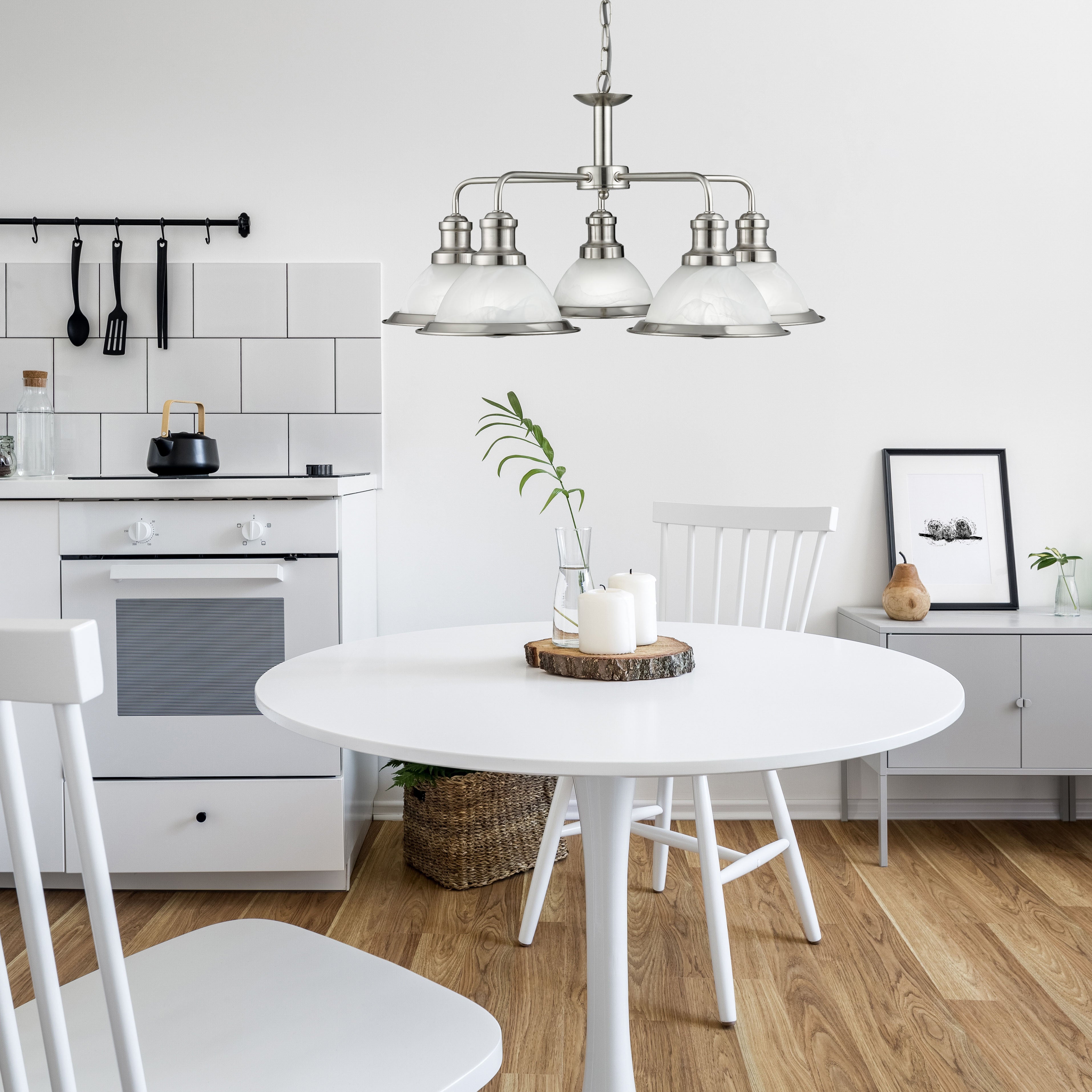 Searchlight Beech 5 Light Ceiling Fitting - Satin Silver & Marble Glass Shades