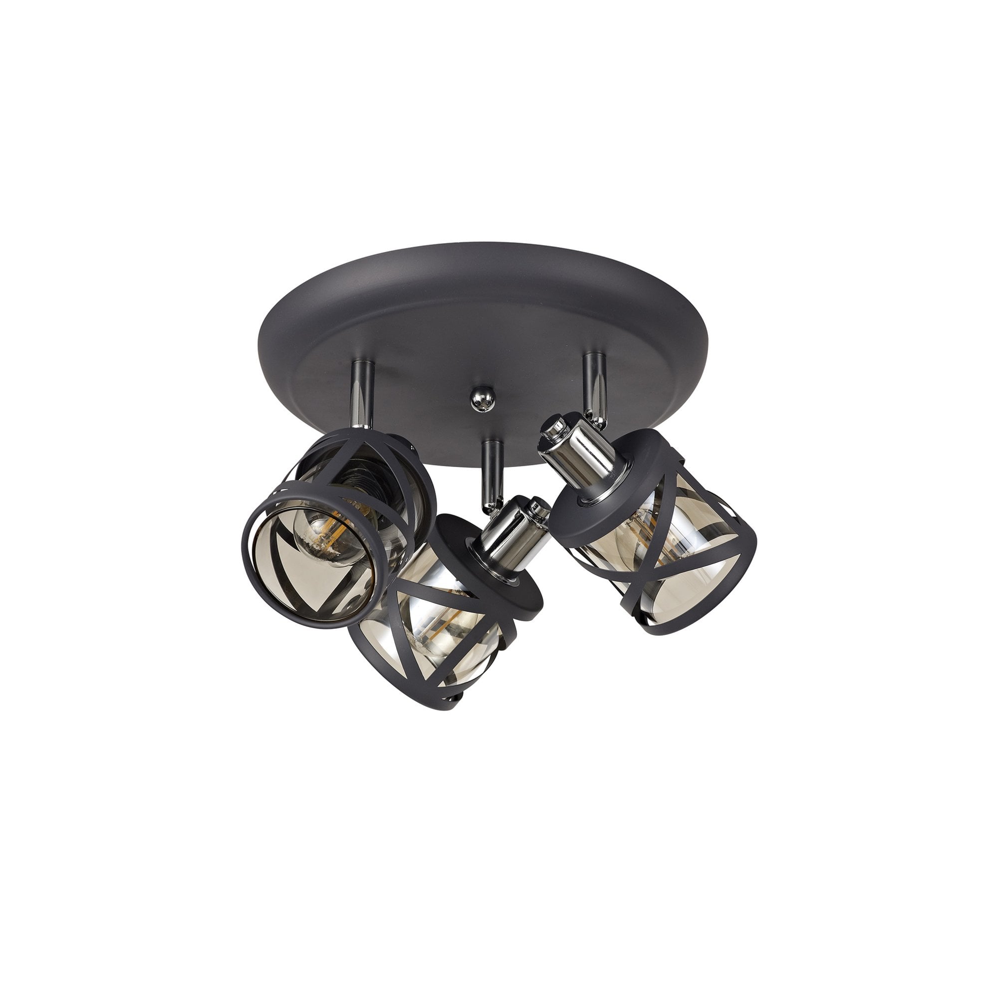 Fabula Leaden 3 Light Round Spotlight - Matt Grey, Polished Chrome & Cognac Glass