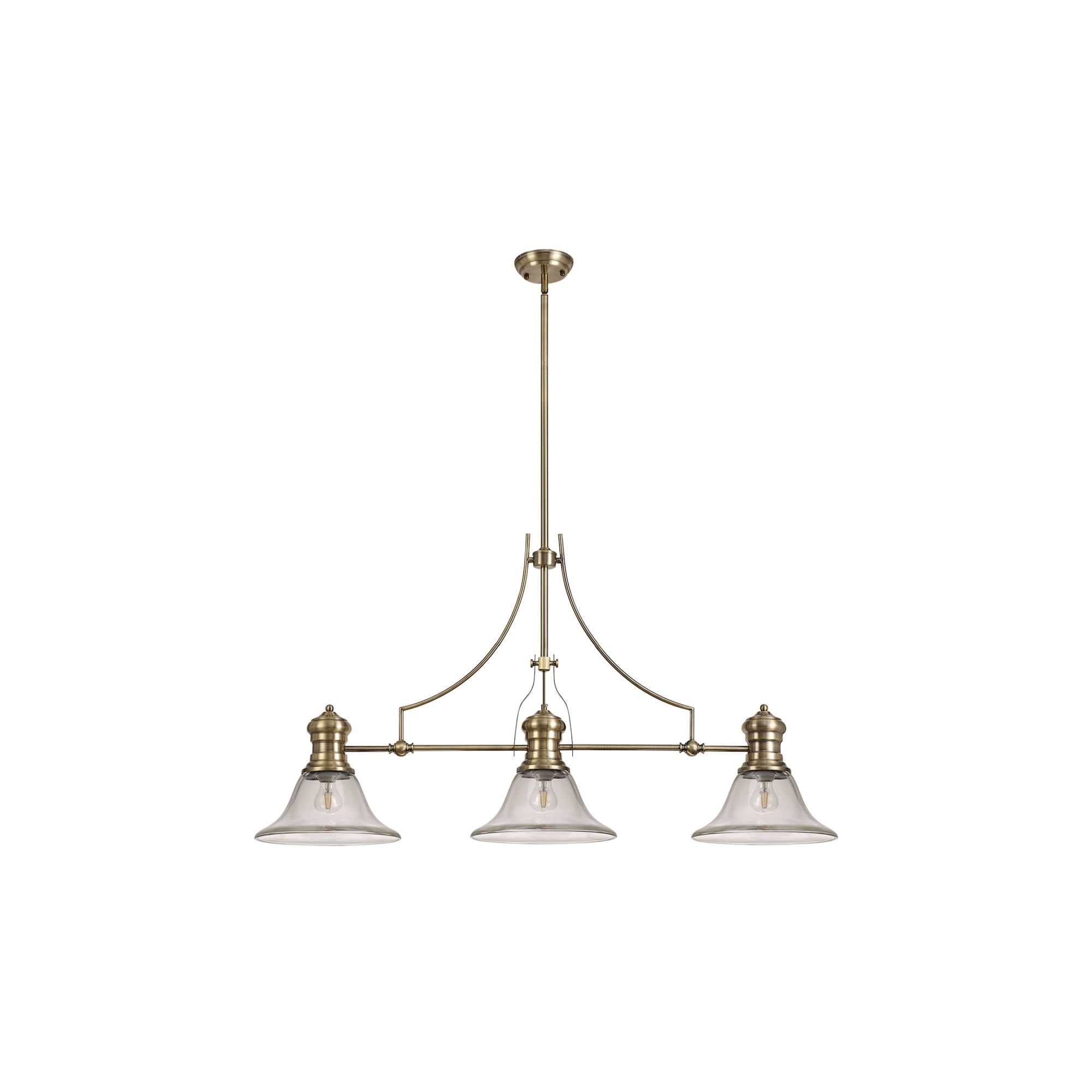 Fabula Epping 3 Light Linear Pendant - 30cm Smooth Bell Glass Shades - Antique Brass & Clear Glass
