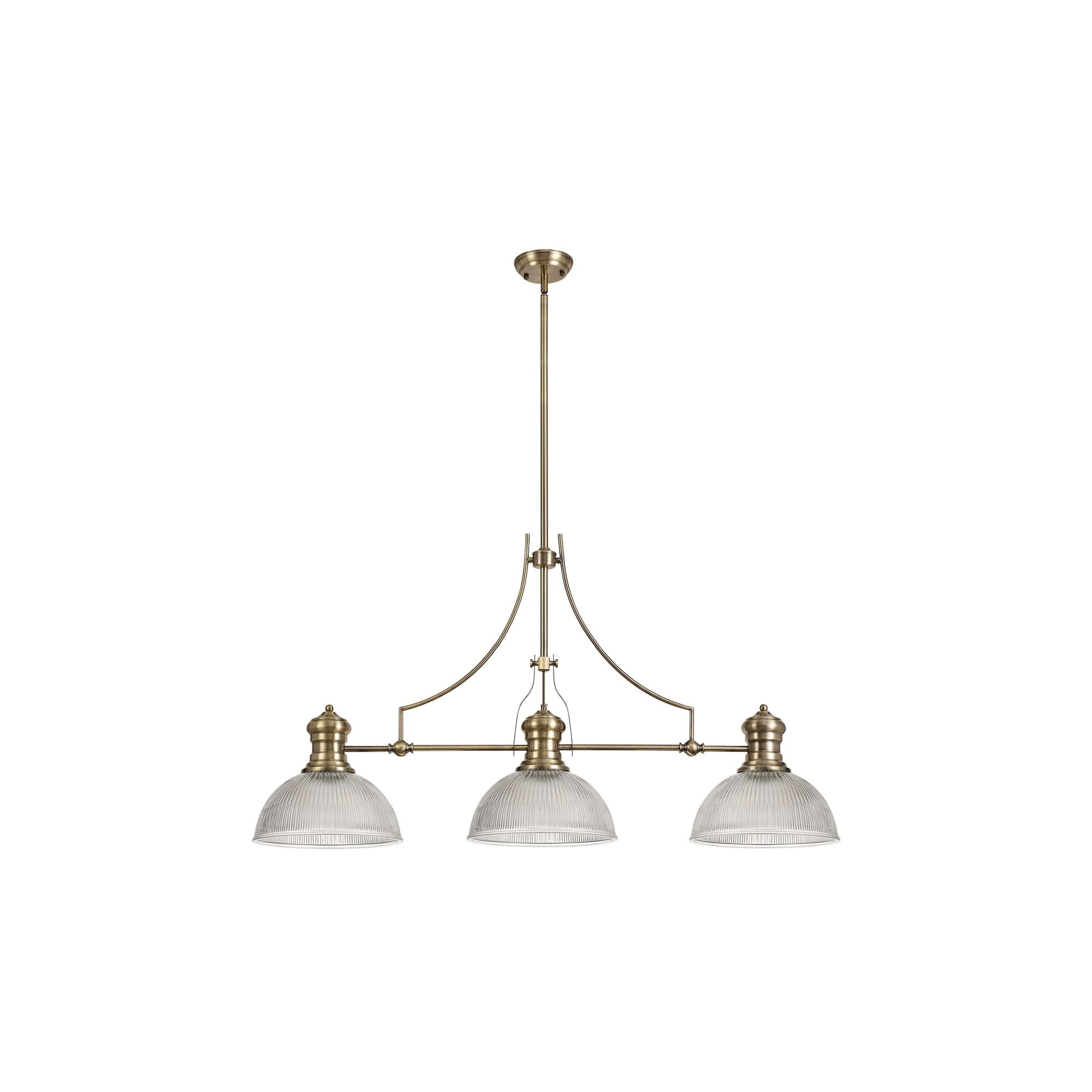 Fabula Epping 3 Light Linear Pendant - 30cm Dome Glass Shades - Antique Brass & Clear Glass