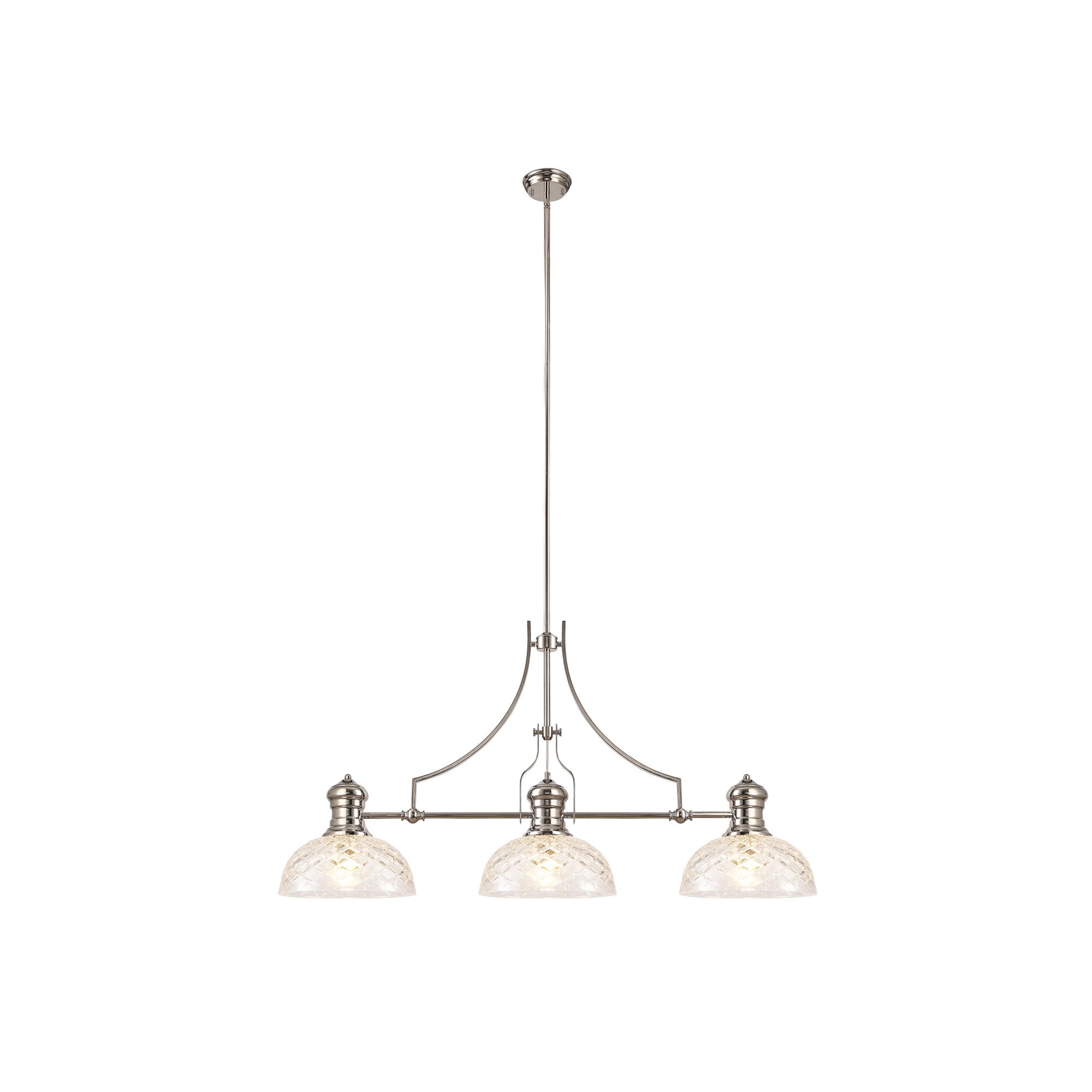 Fabula Epping 3 Light Linear Pendant - 30cm Flat Round Patterned Shades - Polished Nickel & Clear Glass