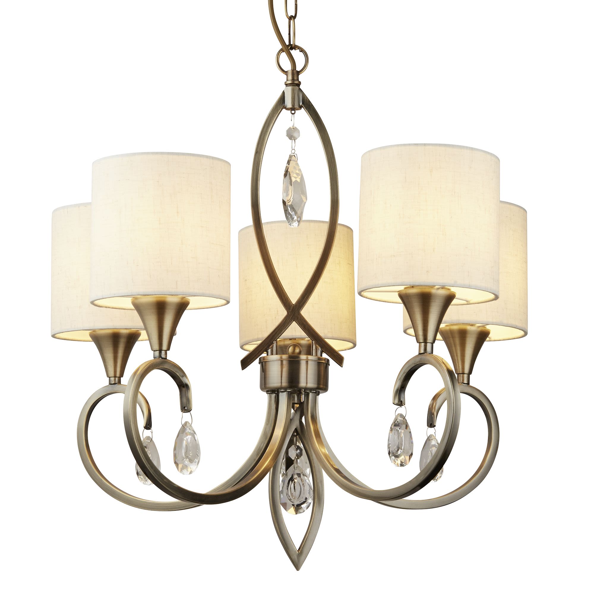 Searchlight Alberto 5 Light Pendant in antique brass with oatmeal linen drum shades and crystal drops, studio shot