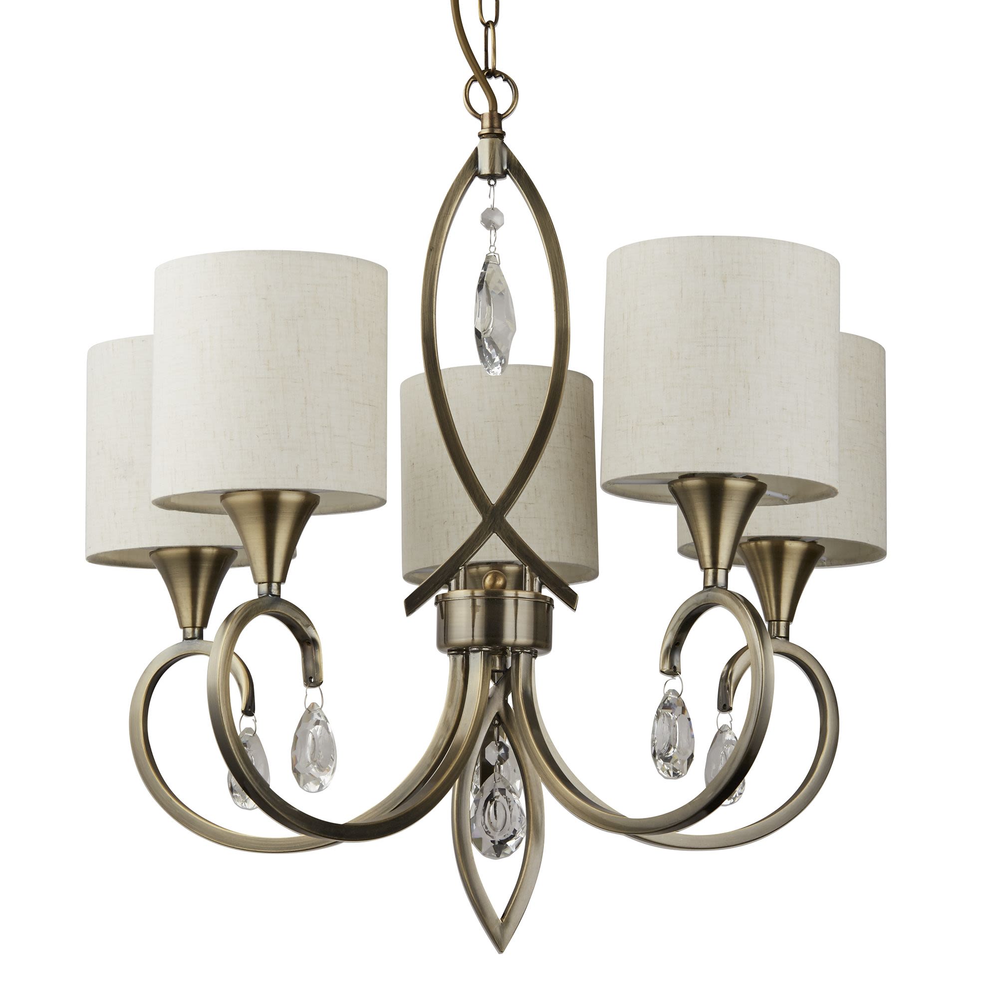 Searchlight Alberto 5 Light Pendant in antique brass, studio shot from a slightly different angle showing the crossed brass detailing