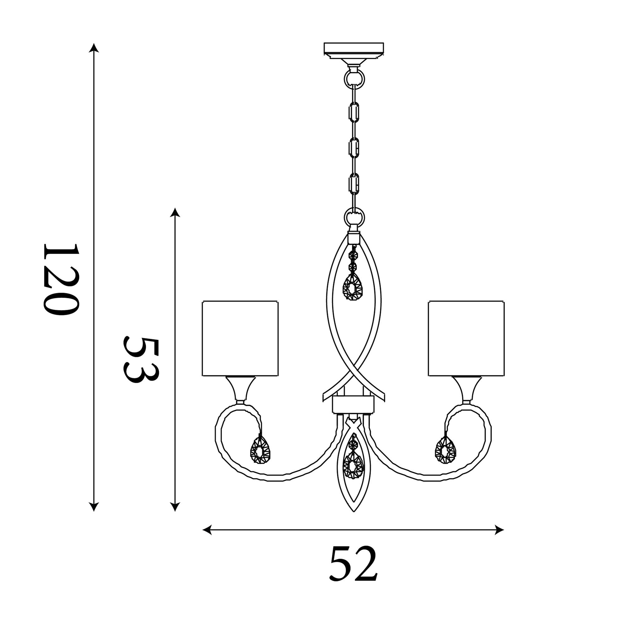 Technical line drawing of the Searchlight Alberto 5 Light Pendant showing a 120cm drop and 52cm spread