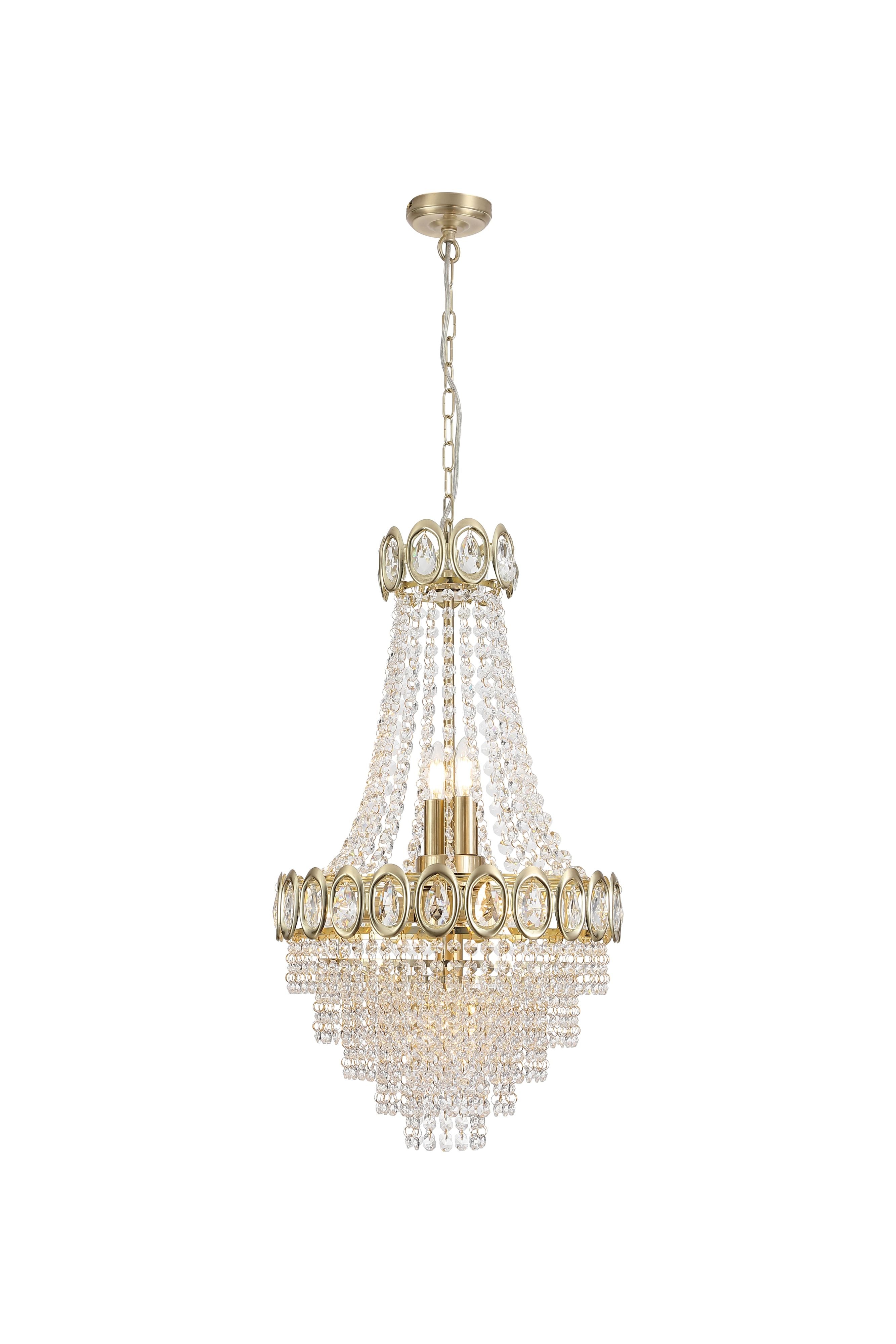 Searchlight Louis Phillipe 6 Light Pendant in satin brass, full length studio shot on a white background showing the tiered crystal skirt and suspension chain