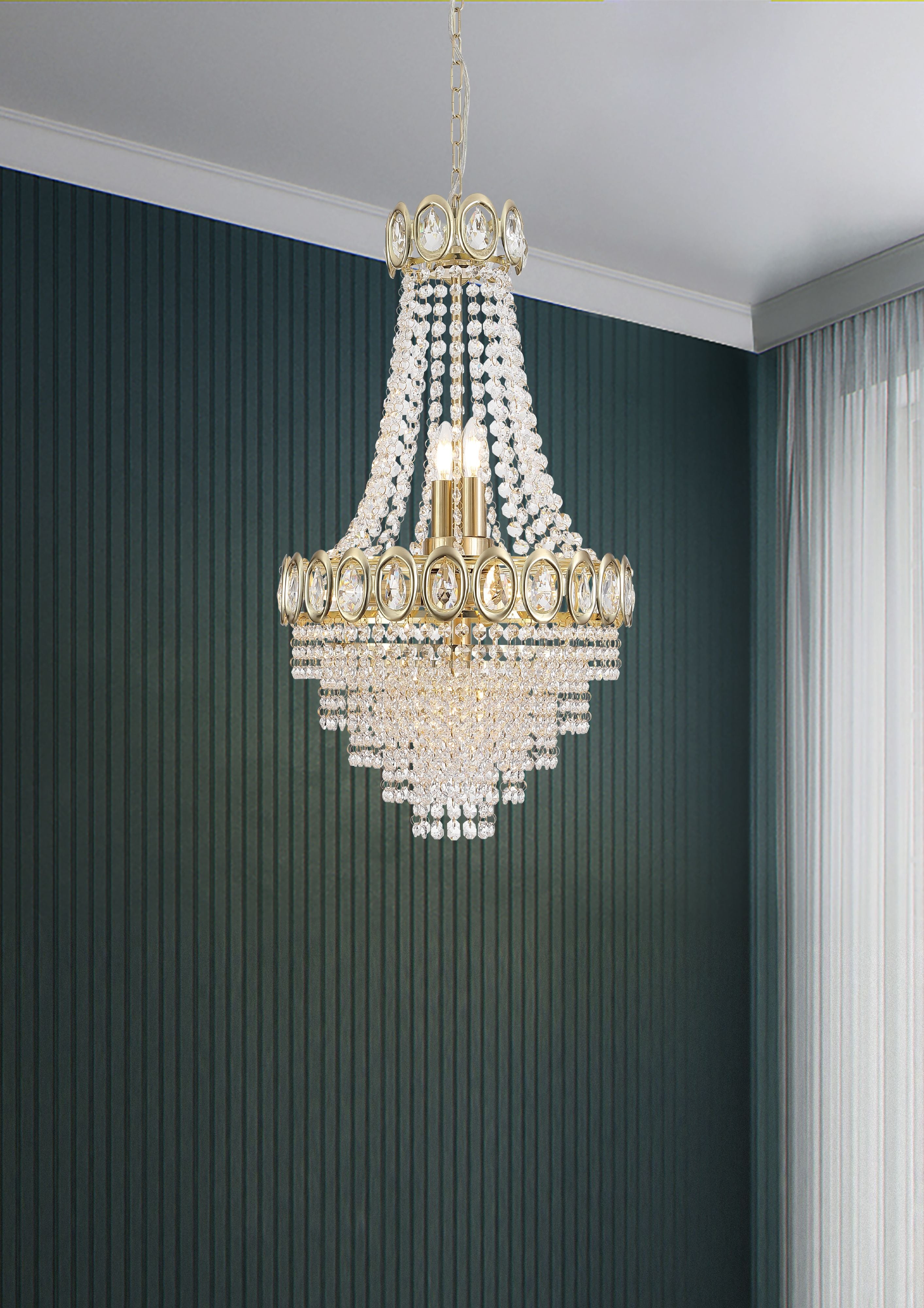 Searchlight Louis Phillipe 6 Light Pendant styled in a room with dark teal striped wallpaper and sheer curtains