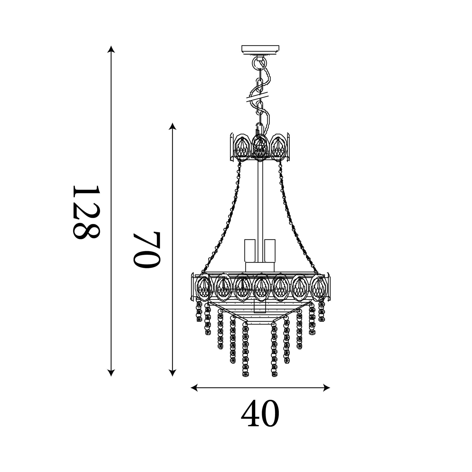 Technical line drawing of the Louis Phillipe 6 Light Pendant showing a width of 40cm and heights of 70cm and 128cm