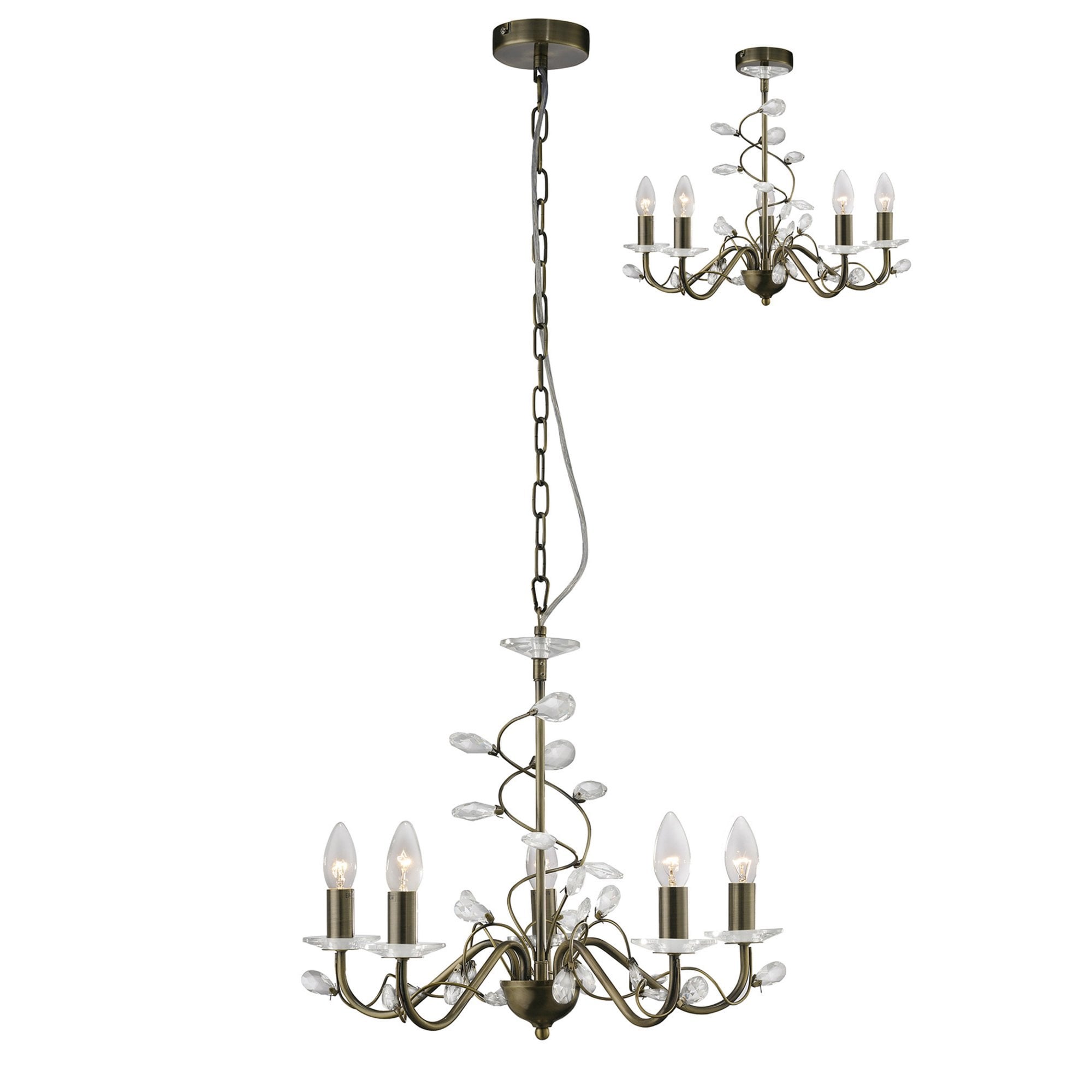 Diyas IL31225 Willow Pendant Without Shade 5 Light Antique Brass/Crystal