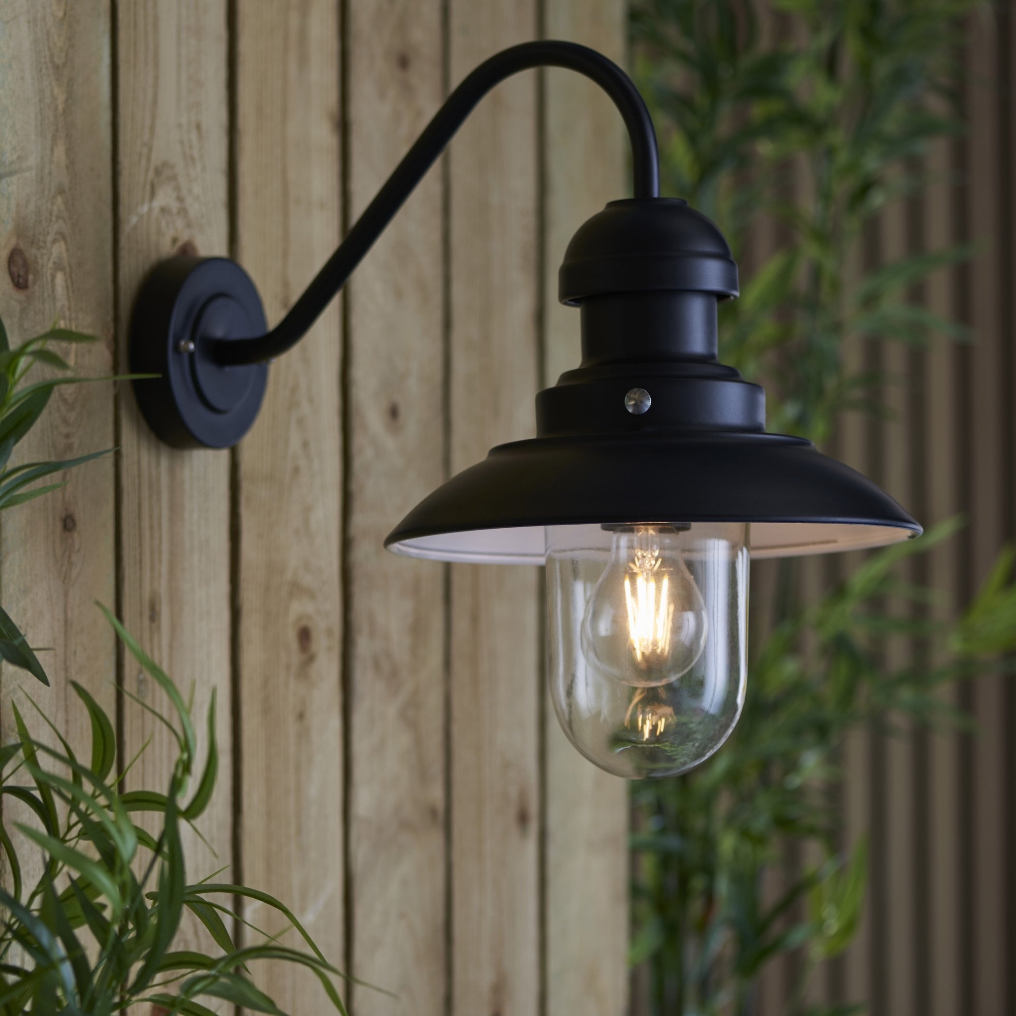 Endon Hereford Single Light Fisherman Arm Wall Light - Matt Black & Clear Glass