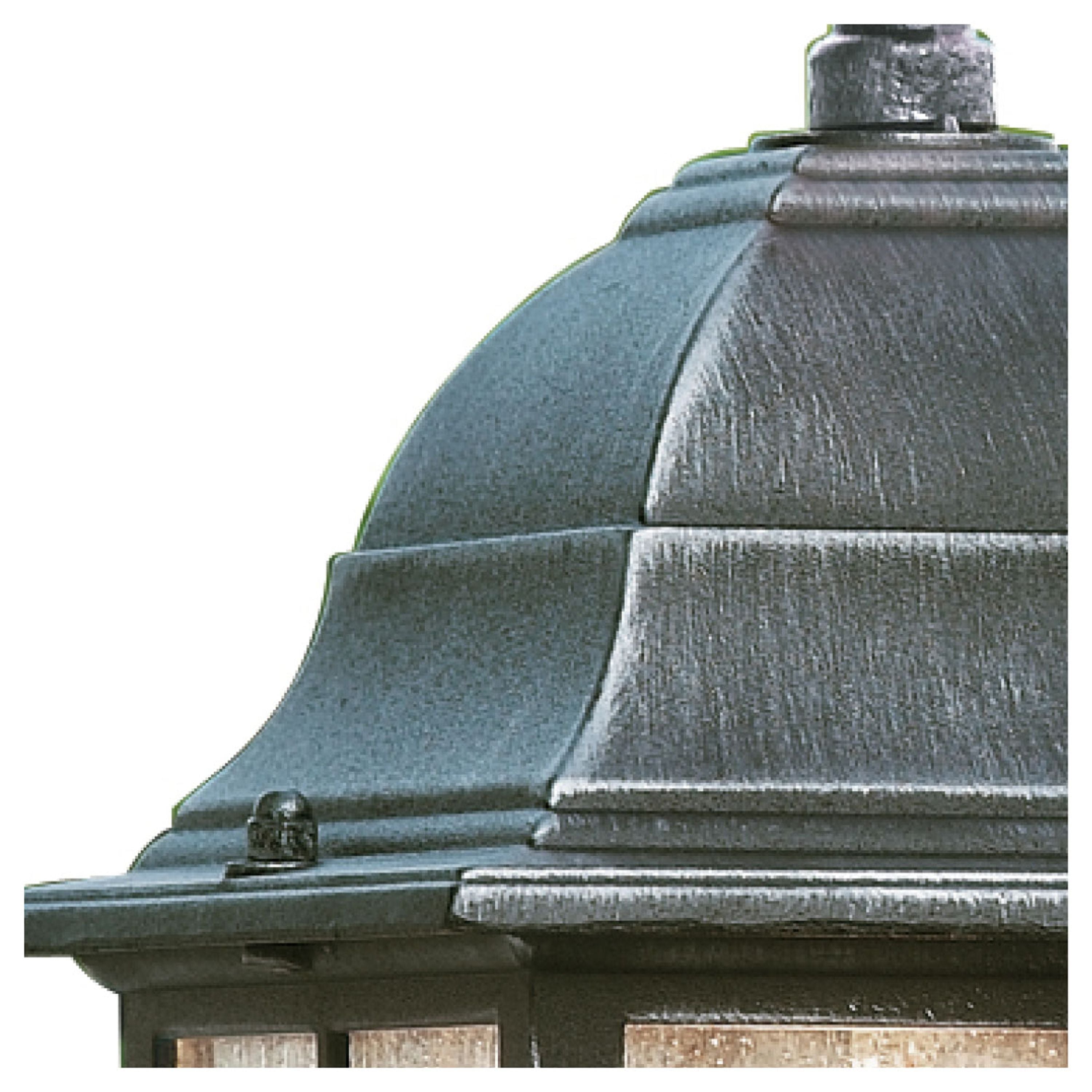 Close up of the Genoa outdoor pendant's domed cast top and chain suspension links in black silver finish