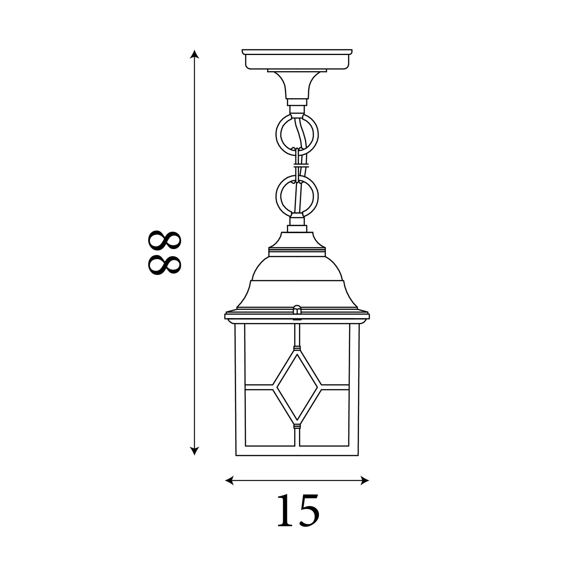 Technical line drawing of the Genoa outdoor pendant showing maximum height of 88cm and width of 15cm, with chain and diamond leaded glass panel detail