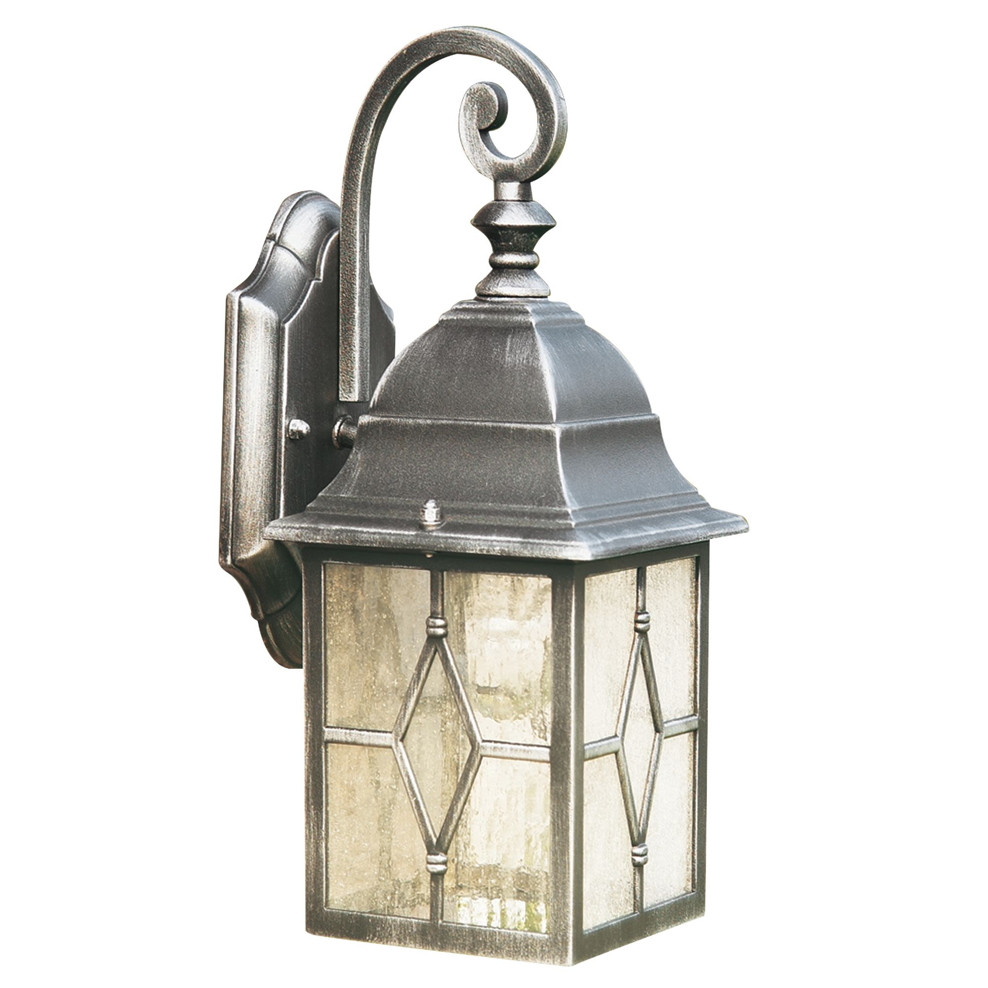 Searchlight Genoa outdoor wall light in black silver finish, angled studio shot showing the ornate scroll wall bracket and diamond leaded glass lantern