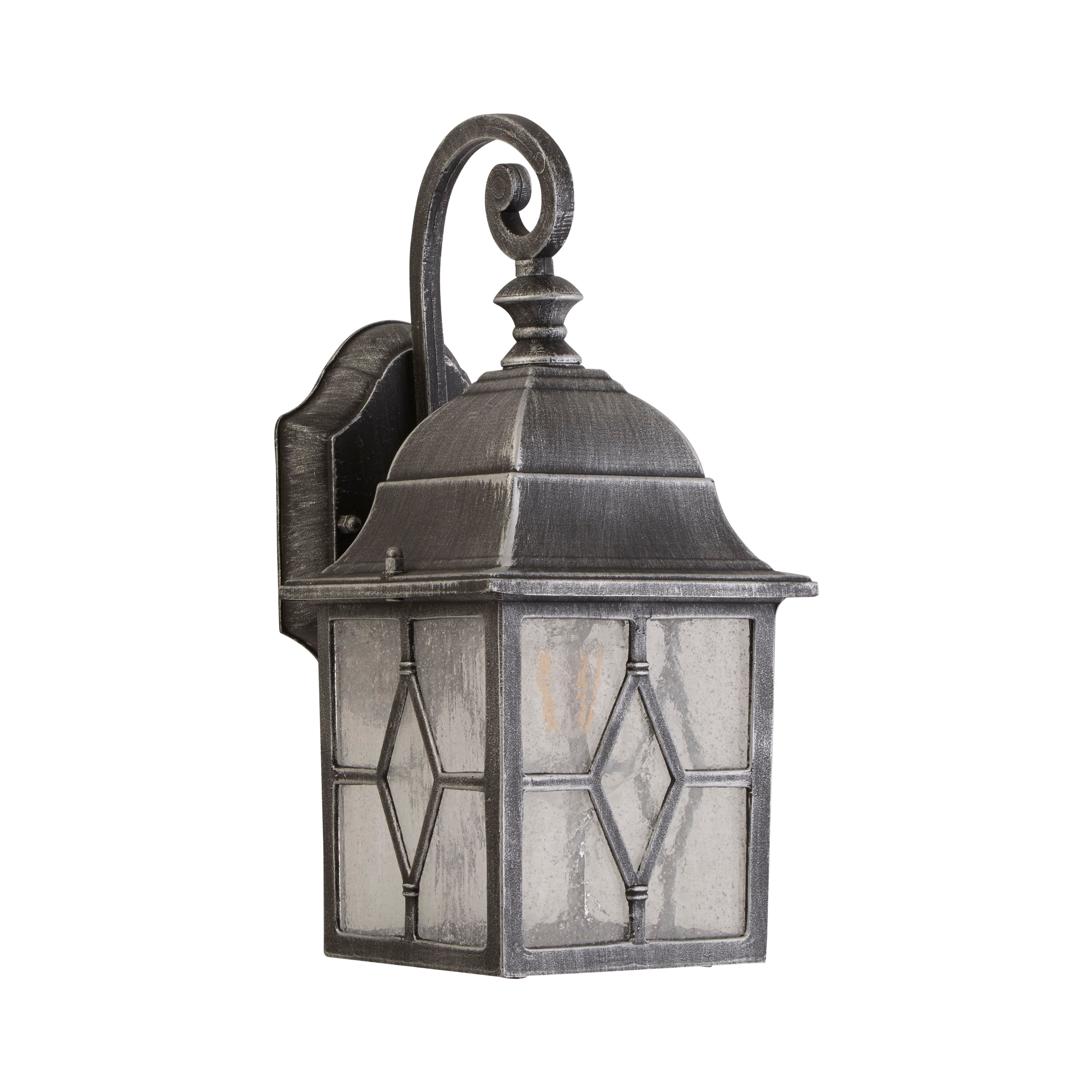 Searchlight Genoa outdoor wall light in black silver finish, shown from a slightly different angle highlighting the scroll bracket and wall mounting plate