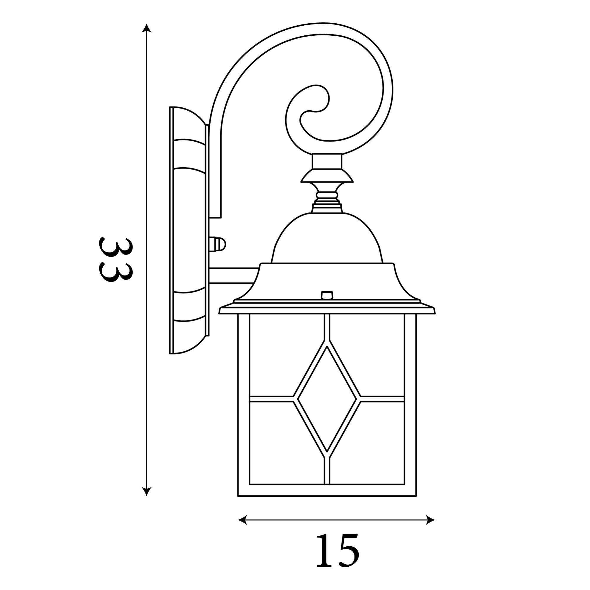 Technical line drawing of the Genoa outdoor wall light showing overall height of 33cm and width of 15cm, with scroll bracket and diamond leaded glass panel detail